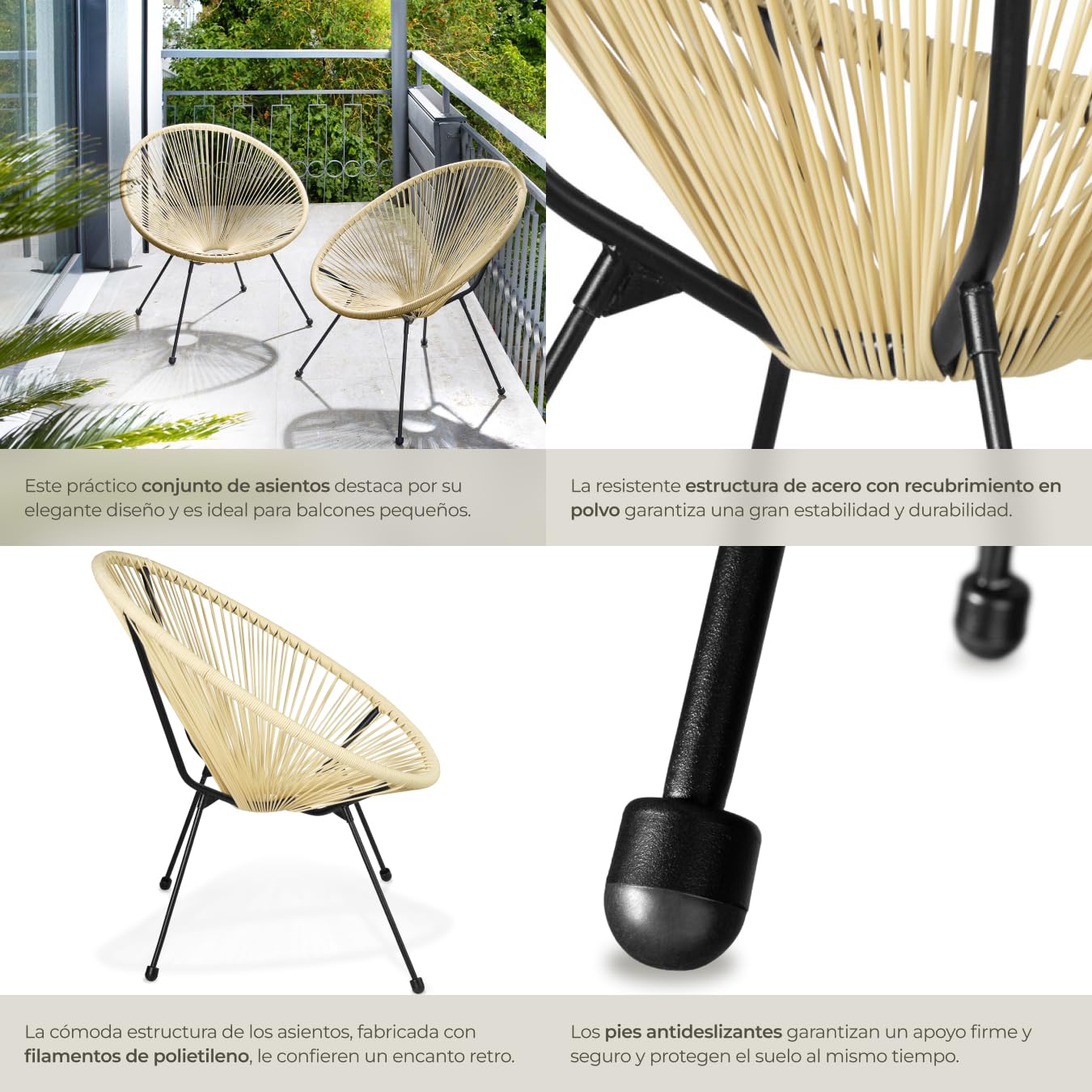 tectake® Conjunto de 2 Sillas Jardín Exterior Estilo Acapulco, Conjunto Sillas Terraza de Acero, Resistente a Intemperie, Hilos de Polietileno y Topes en Patas, Hasta 120kg, Interior/Exterior - beige