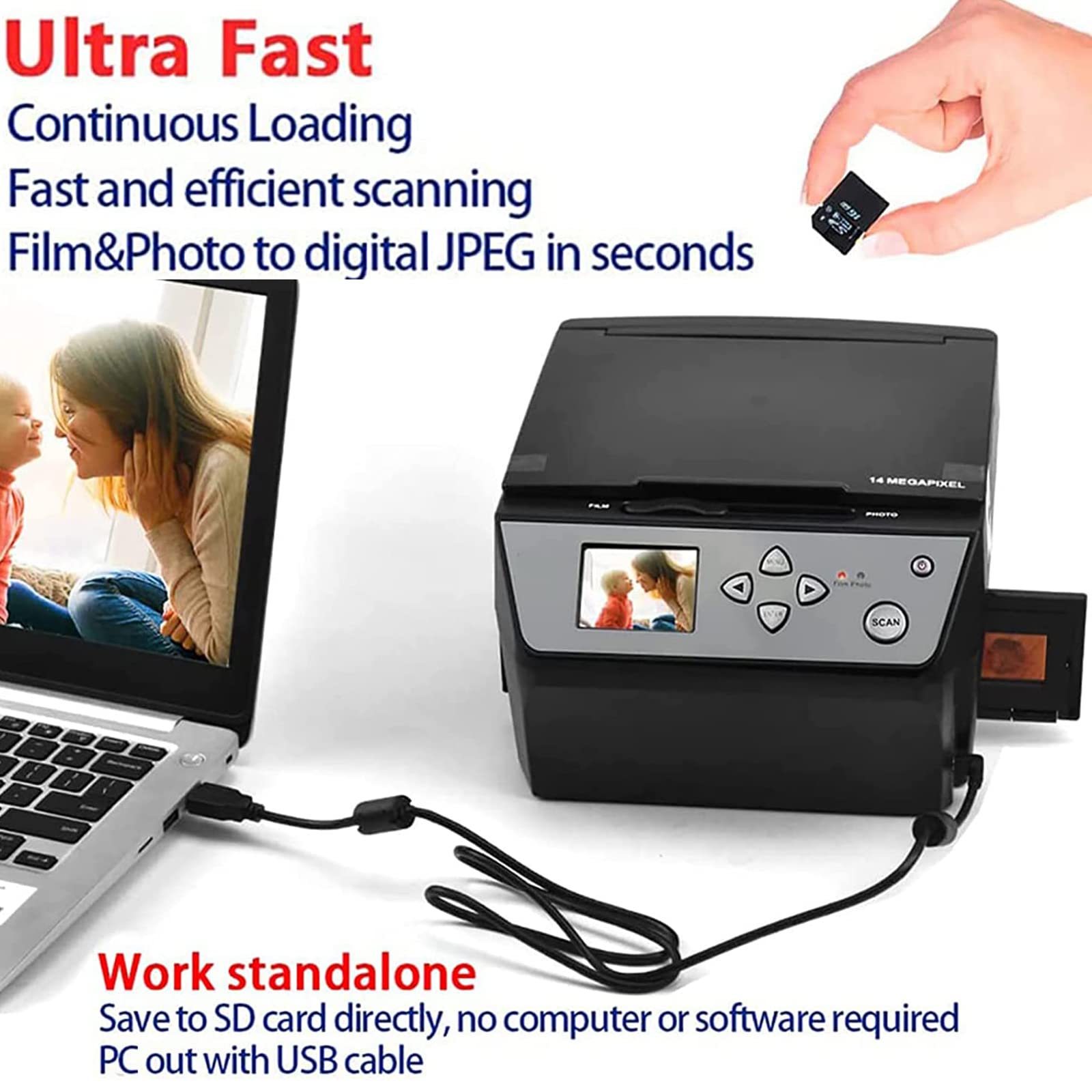 Scanner per Diapositive Negative Ad Alta Risoluzione, Conversione a Colori E Bianco E Nero, Supporto USB Outpu, Anteprima Diretta