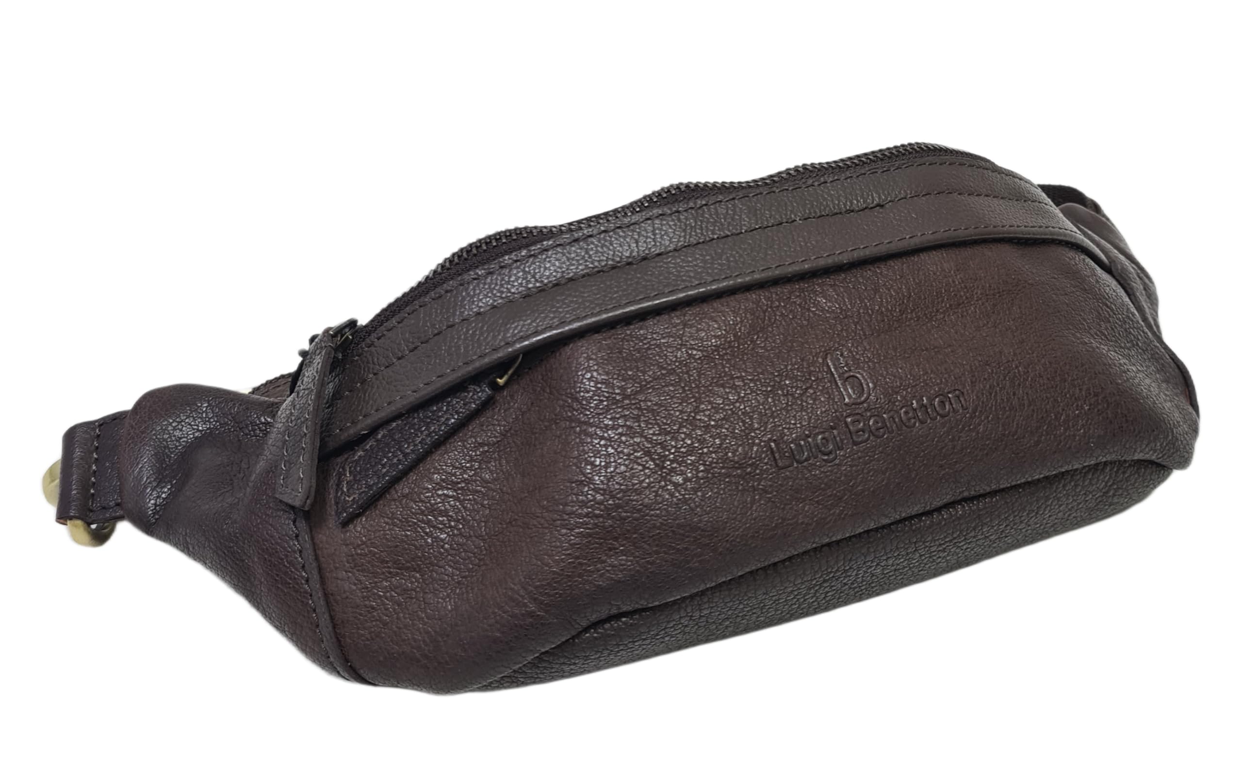 Luigi Benetton Marsupio Uomo 100% Pelle Bovina, con Tasche Frontale e Posteriore con Zip, Cintura Regolabile, Dimensioni 30x10x8,5 cm, Nero,Marrone e Testa di Moro. ART. 111023