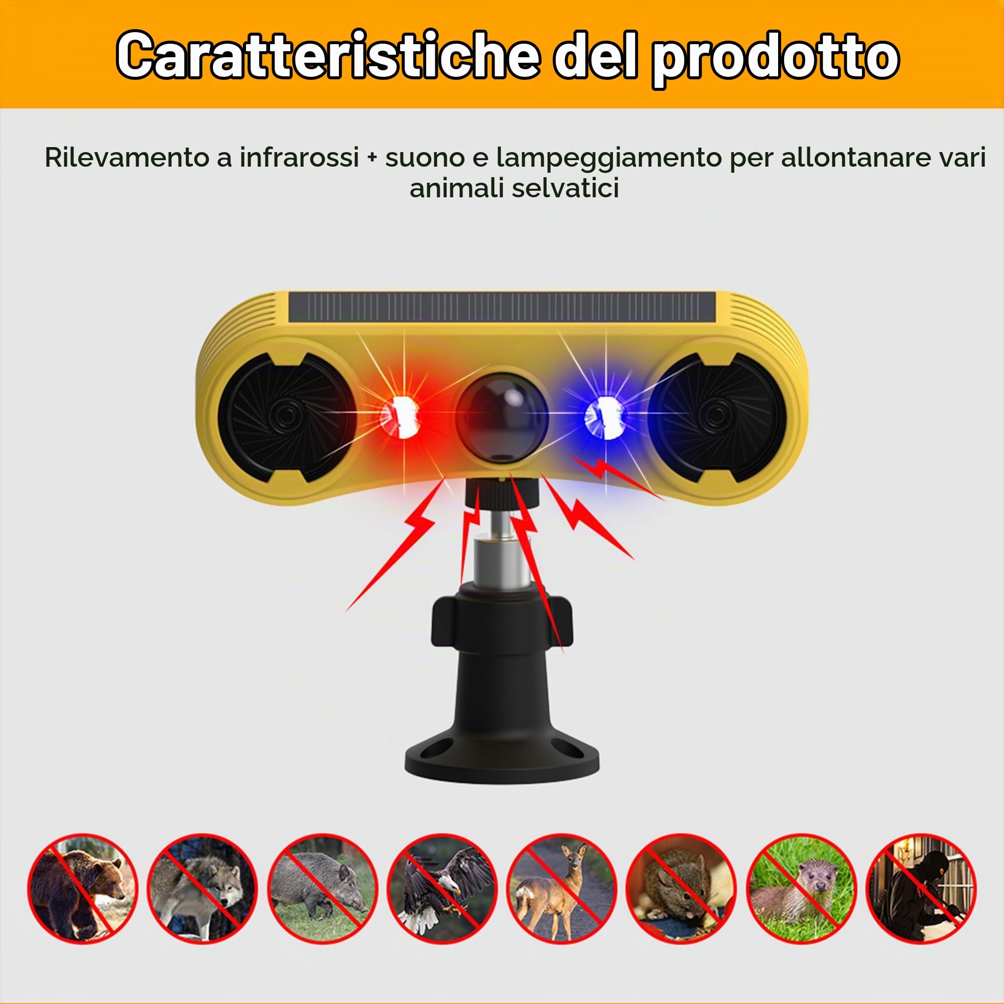 Allarme sensore di movimento esterno solare - Allarme sonoro per cani che abbaia e spari, 2 * 129dB Loud Noise Maker, 4 modalità, luce stroboscopica attivata dal movimento rosso e blu (4 Pack)