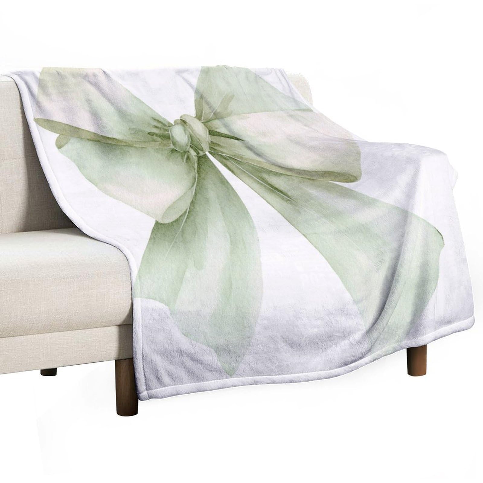 Jubonexis Watercolor Soft Satin Ribbon Bow Soft Green Anti Pilling Throw Blankets Cozy Durable Blanket for Bedroom Living Rooms Couch Sofa Bed 130x150cm(50x60in)