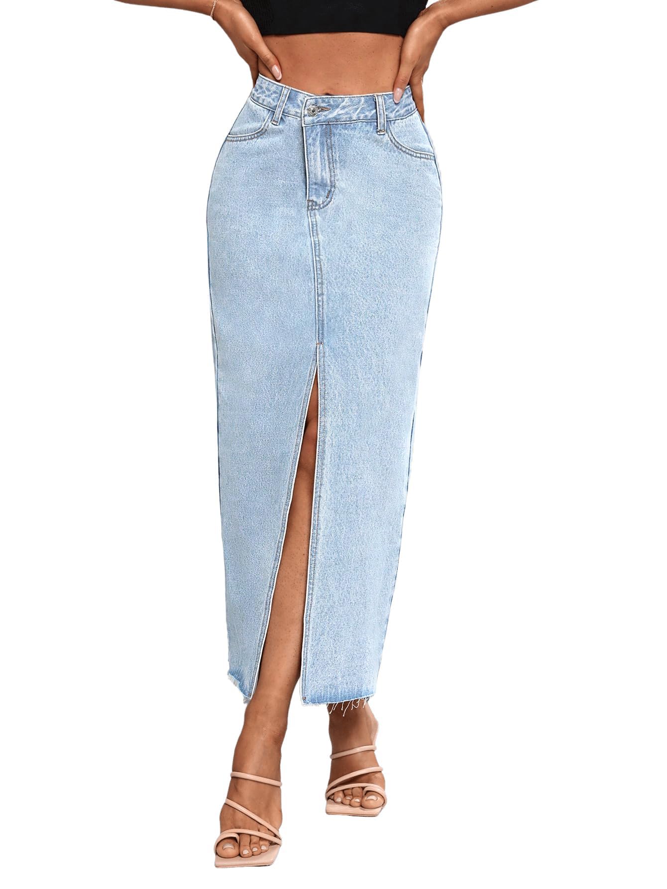 Womens Maxi Denim Skirt Front Split Frayed Raw Hem Long Jean Skirt