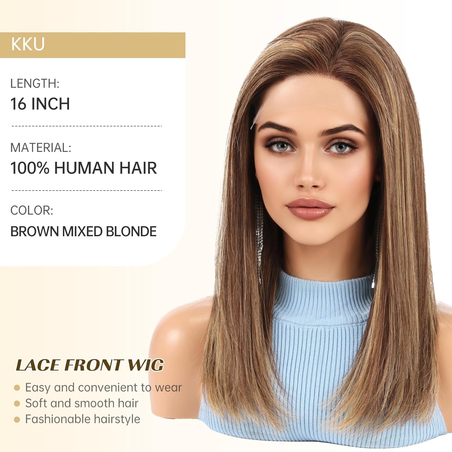 KKU 100% Human Hair Wig, Lace Front Wigs Human Hair Side Part,Brown Mixed Blonde Wig Human Hair, Real Human Hair Wigs for Women(16Inch)