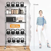 Vista 4 de YNN Storage Shelves,1750Lbs 5 Tier Heavy Duty Metal Rolling Shelving Unit with Wheels & 8 Hooks, Adjustable Garage Wire Rack for Kitchen, Negro