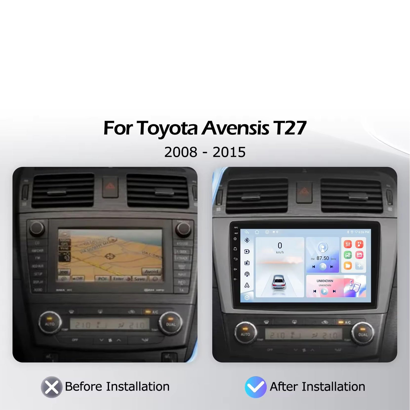 9-calowy podwójny DIN samochodowy system stereo z systemem Android 15 do Toyoty Avensis T27 2008-2015 z kamerą tylną Car Play, sterowaniem z kierownicy, Bluetooth, GPS, radiem FM i Wi-Fi (C3