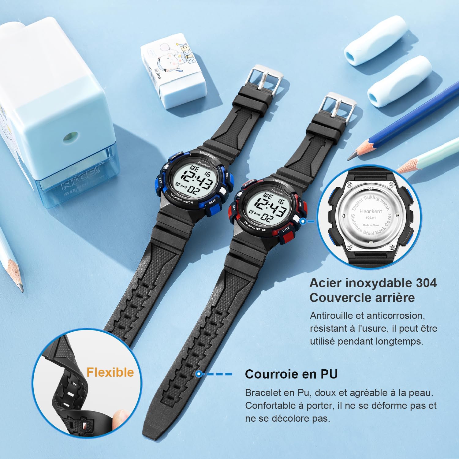 Hearkent Montre Parlante, Malvoyante et Aveugle, Voix Claire, Rouge | Français Accent Annonce Time, Week, Date, Alarme, Grands Affichage Digital, Bracelet Confortable