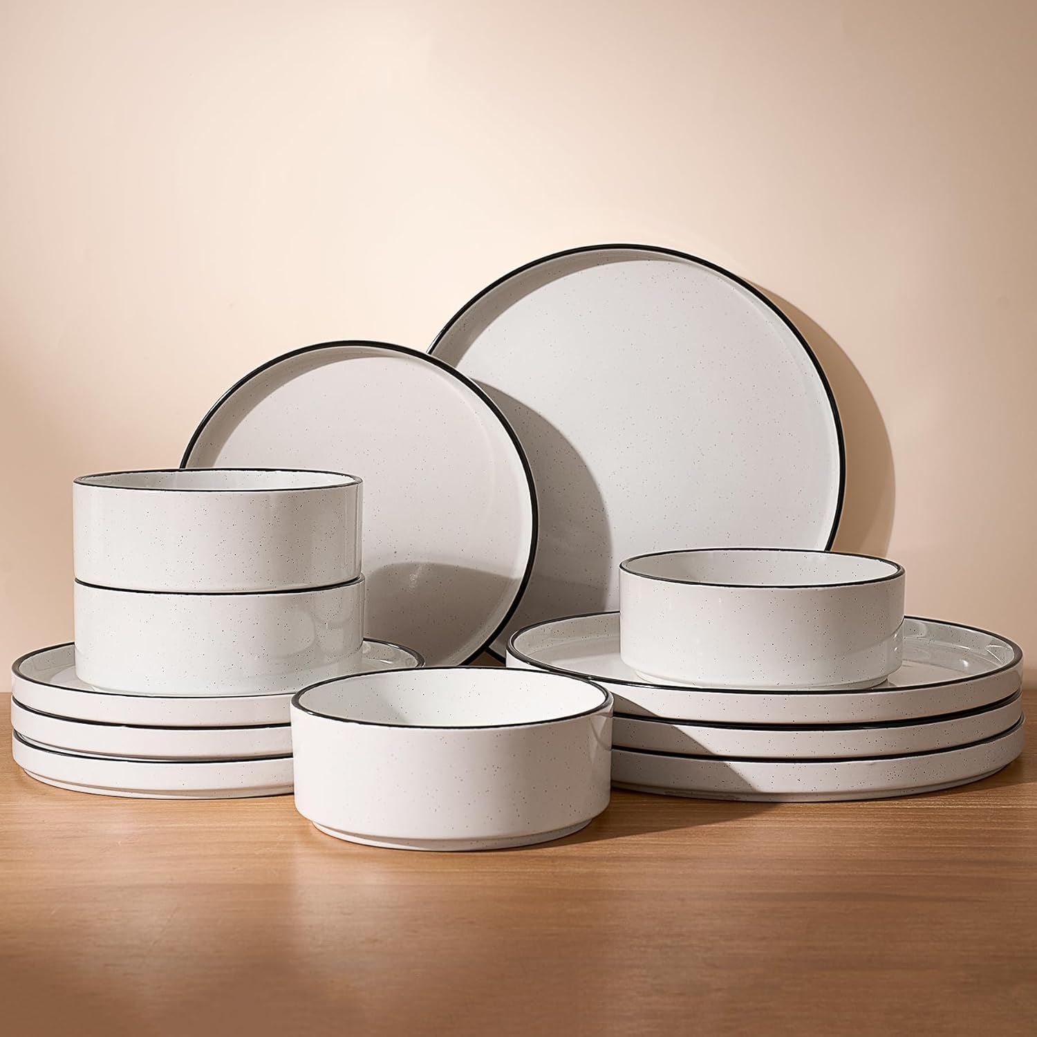 Famiware Nebula Plates and Bowls Sets for 4, 12 Pieces Stoneware Dinnerware Set, Microwave and Dishwasher Safe Dishes Set, White with Black Rim