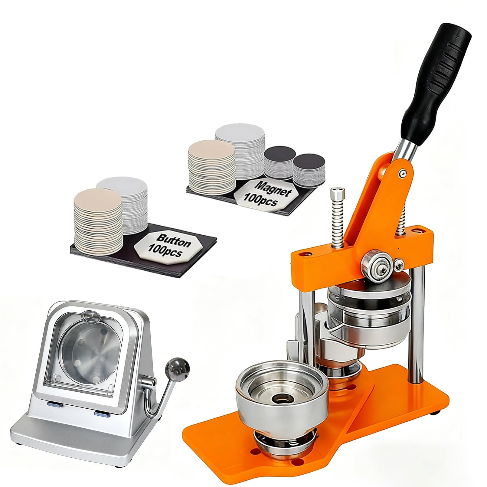 Photo 1 of 1/1.25/2.28in Round Fridge Magnet Maker Machine, Button Maker Press Kit with Photo Cutter + 100 Set Magnet + 100 Set Pin Materials+ Sheets of Photo Paper Orange 1in