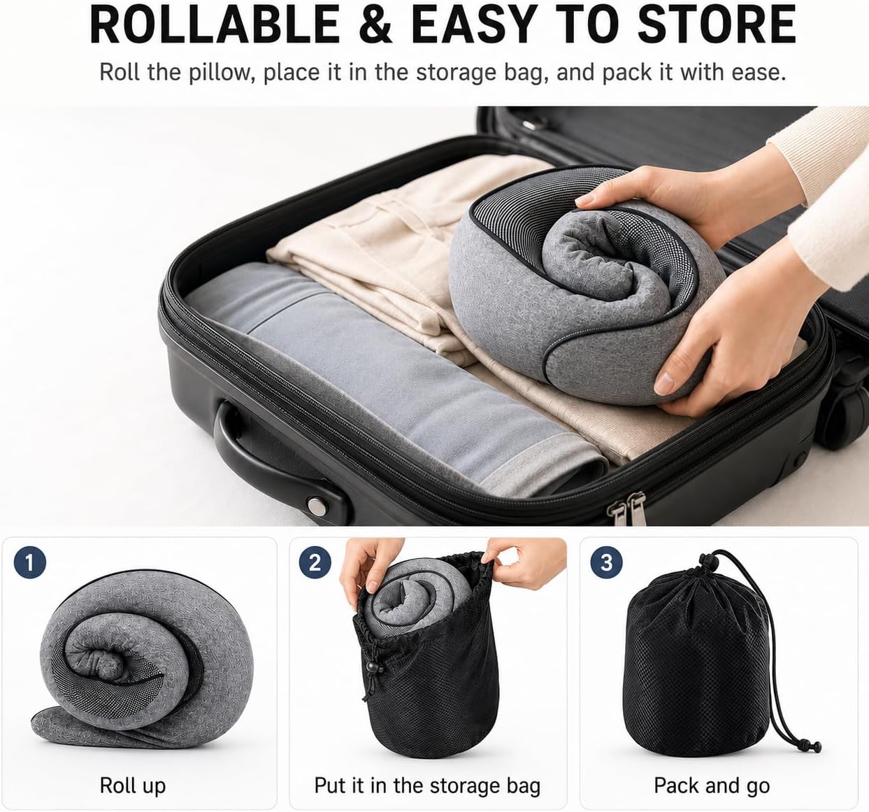 Memory Foam Travel Neck Pillow, Rollable U-Shaped Neck Support Pillow with Soft Breathable Cover and Storage Bag for Airplane, Car, Train and Office Rest