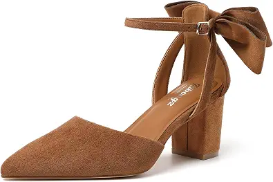 RIBONGZ Women's Bridal Shoes Chunky Block Heel Pumps with Bow Knot