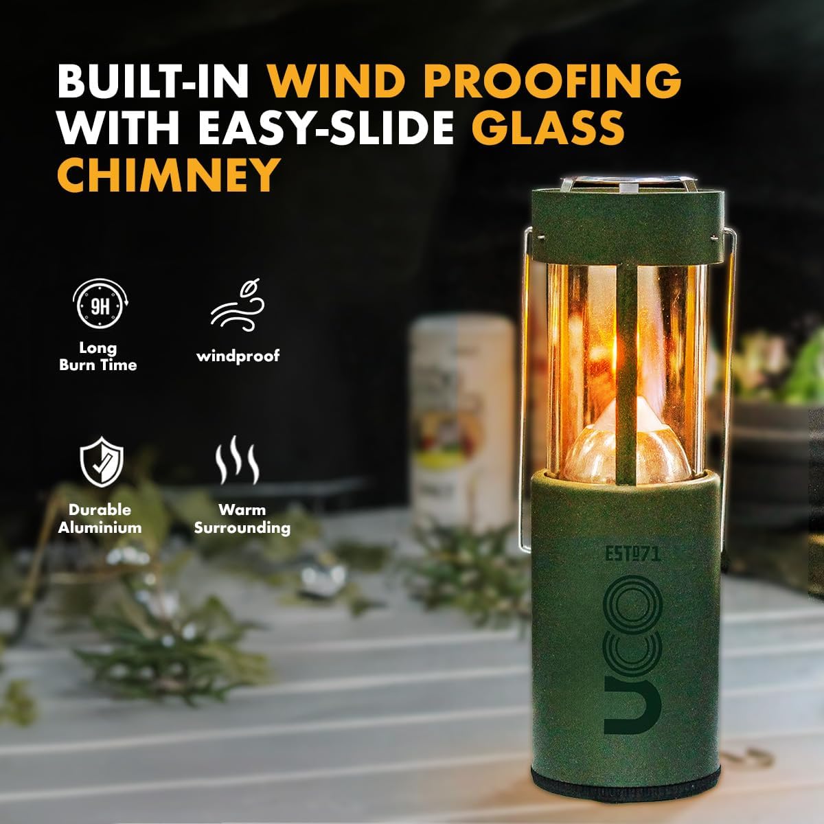 Green Aluminum Cylinder Candle Lantern with Glass Chimney