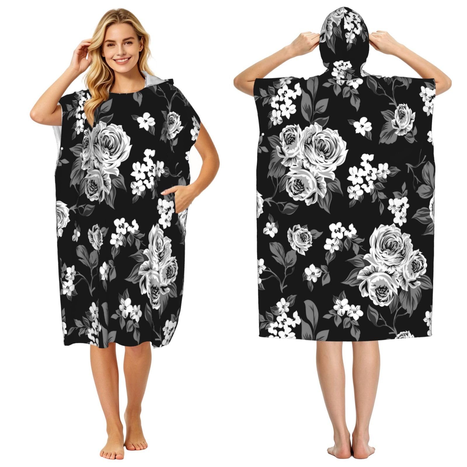 Poadnly Vintage White Rose Tulip, Adult Hooded Beach Towel 90 x 110 cm,Changing Bath Robe, Surf Poncho Towel For Women Men