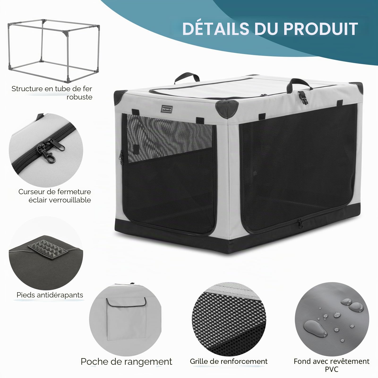 Petsfit Cage pour Chien Pliable, Transport en Tissu avec Cadre en Aluminium Intégré, Caisse Réglable par Tuyau en Spirale, Gris, XL