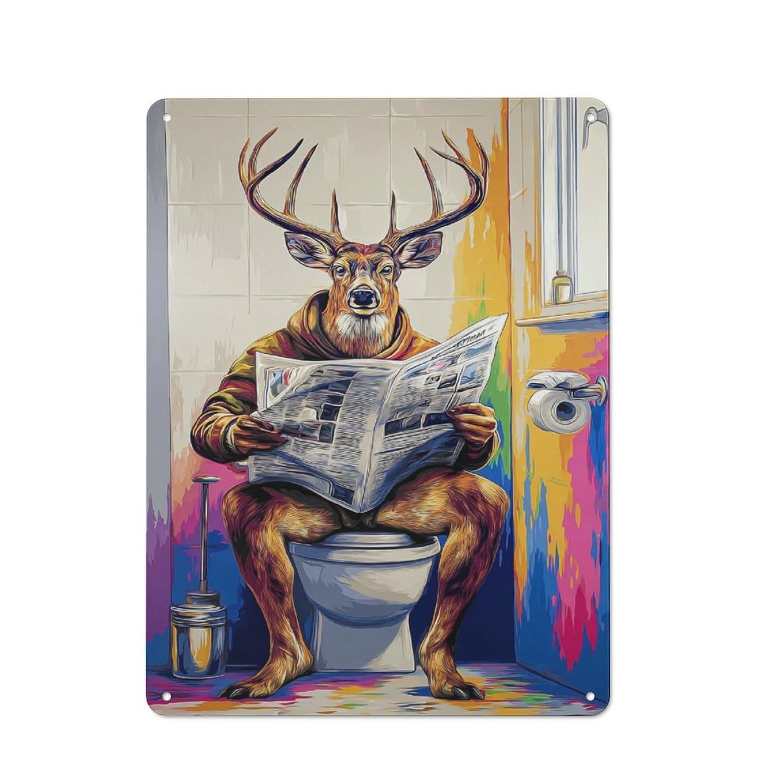 Junmoney Deer Reading Newspaper On Toilet -1 Tin Sign With Design 40X30cm, Vintage Shed Wall Decor For Greenhouse, Garden Room, Cafe Or Entryway