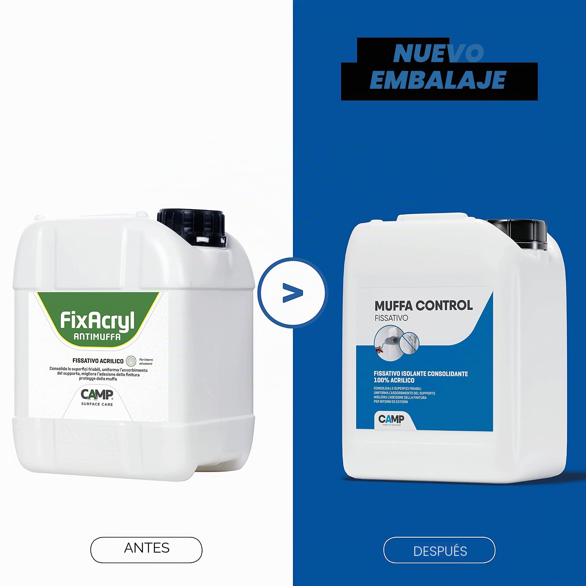 CAMP Fijador Antimoho - Fijador Antimoho para Interior y Exterior, Sellador Consolidante 100% Acrílico, Mejora la Adherencia del Acabado, Ideal para Cemento Hormigón Yeso y Escayola, 5l