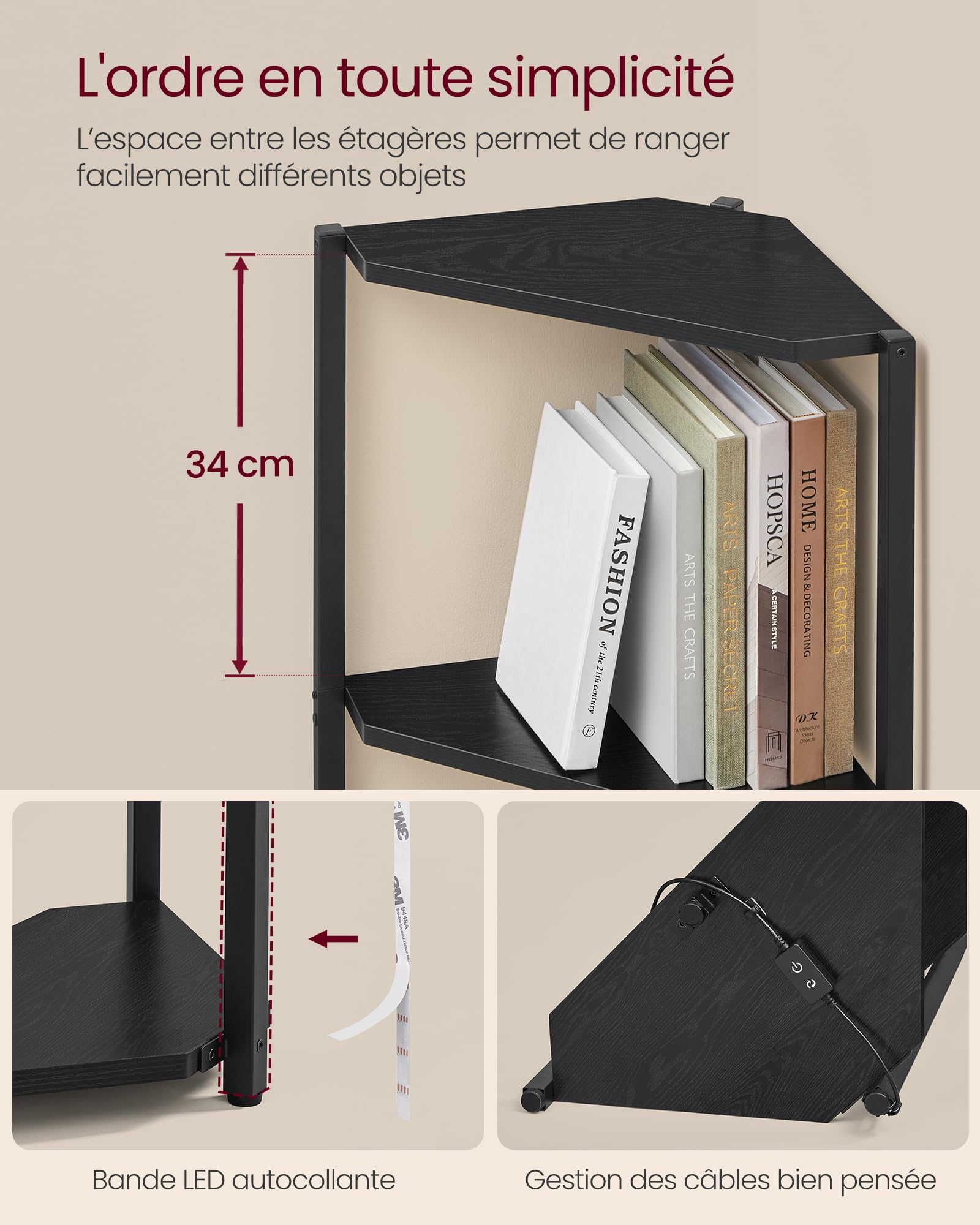 VASAGLE Étagère d'angle à 5 Niveaux, Bibliothèque avec Éclairage LED Réglable, Meuble de Rangement avec Cadre en Acier, 24,8 x 48 x 146,6 cm, pour Salon, Chambre, Bureau, Noir Boisé LBC590B02