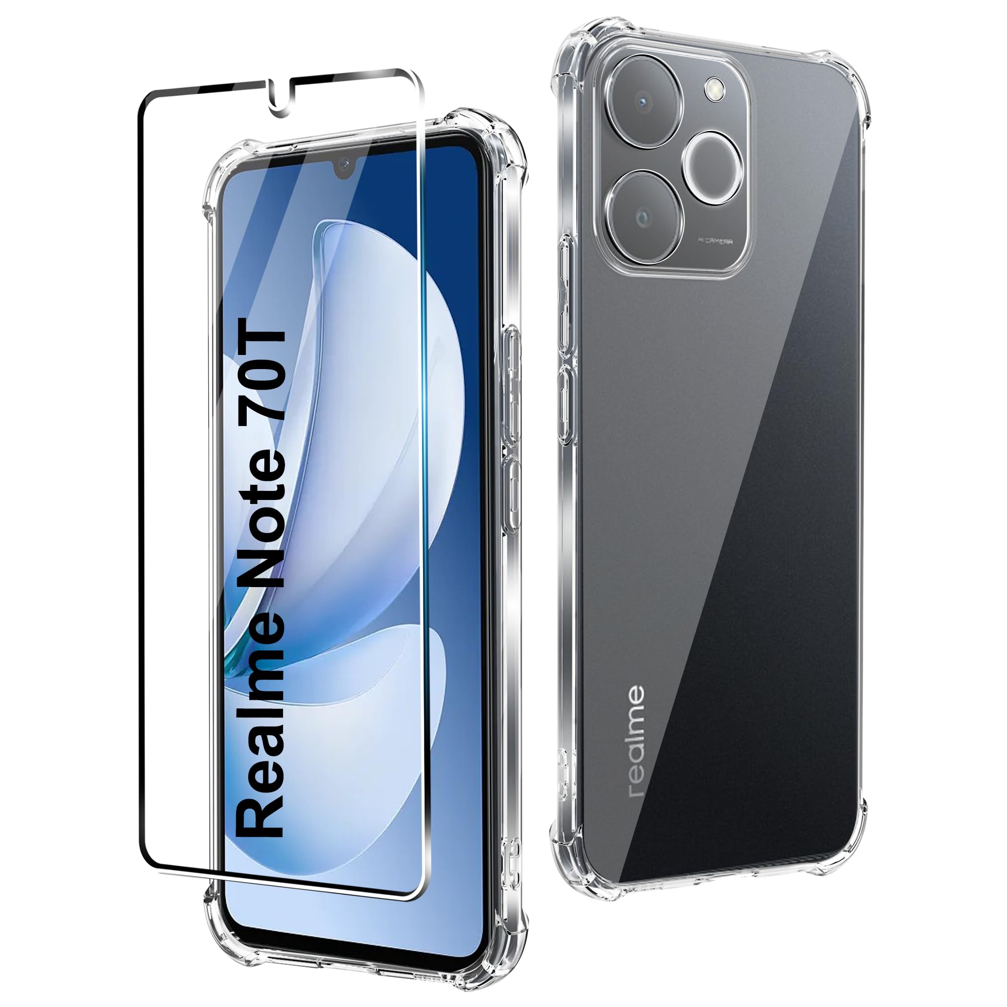 CAUHENYEE Trasparente Cover per Realme Note 70 4G / 70T Custodia, con 1 Pezzi Schermo in Vetro Temperato, Cover Sottile e Morbida in TPU Trasparente