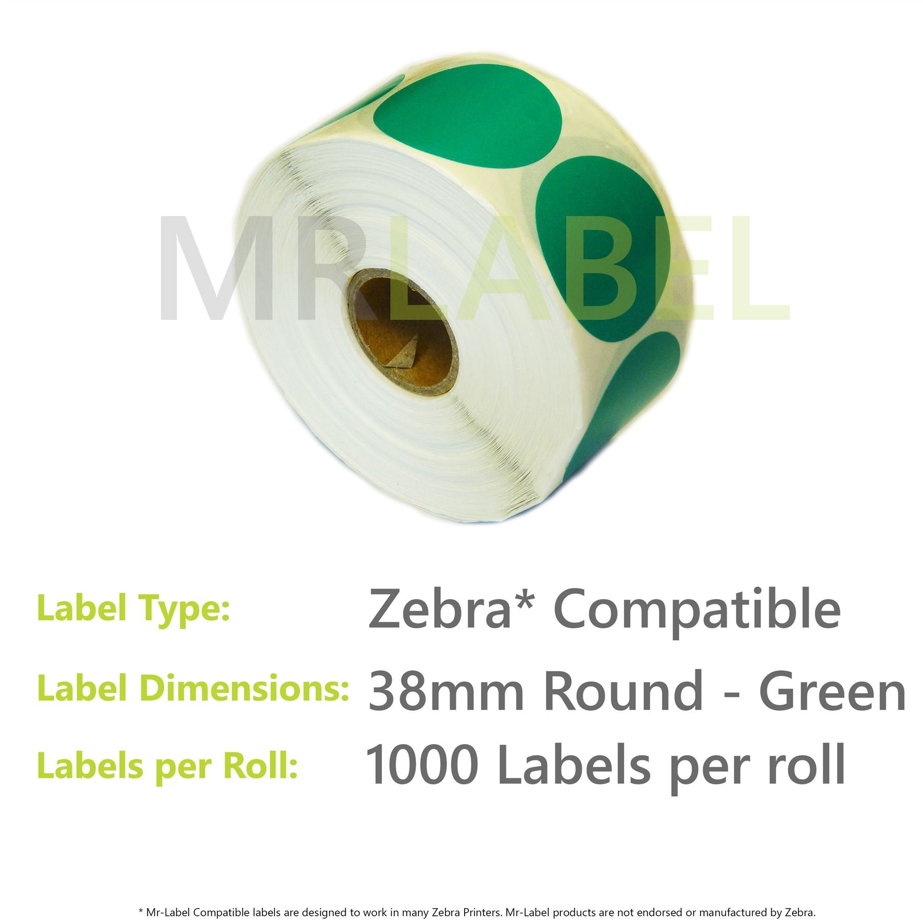 10000x Zebra Compatible Coloured Thermal Labels (10 Rolls of 1000) 38mm Round - Green