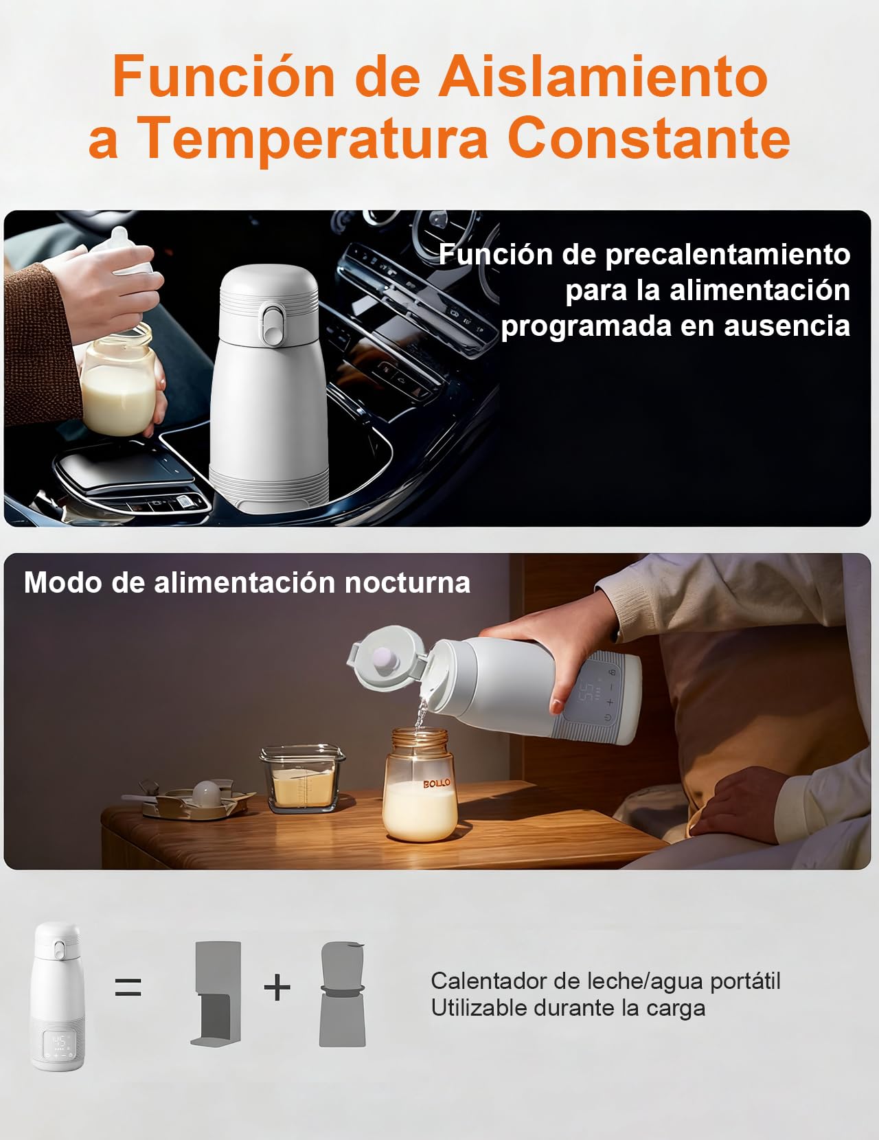 Calientabiberones Portátil, Calientabiberones Bebé de Viaje, 500 ml | Control Preciso de la Temperatura 37 a 55 Grados Ajustable para la Alimentación Nocturna de Viaje