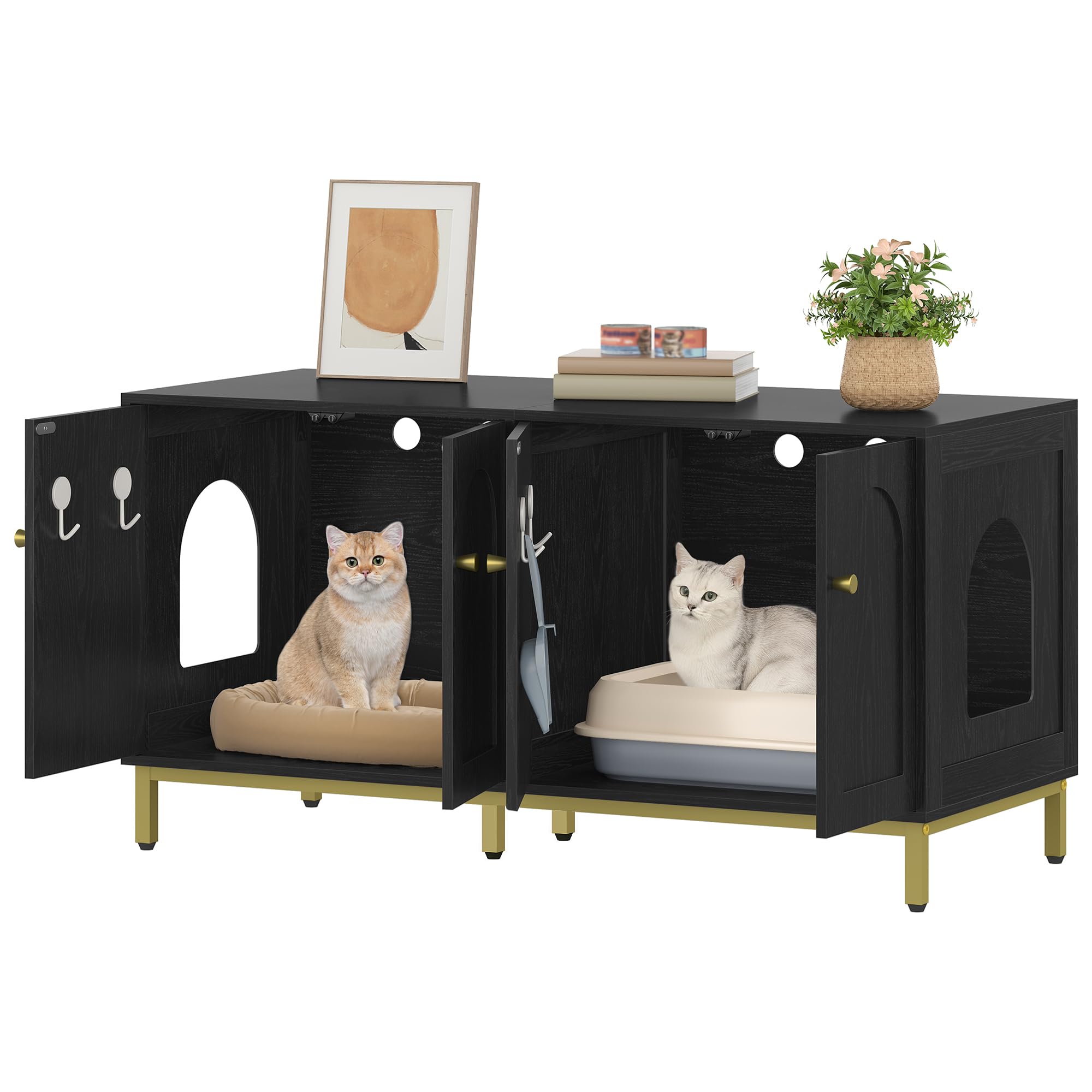 Hzuaneri Maison de Toilette Chat pour 2 Chats, Meuble de Litière Caché de 119cm, Banc de Rangement, Convient à la Plupart des Litières por, Noir et Or CB82304A