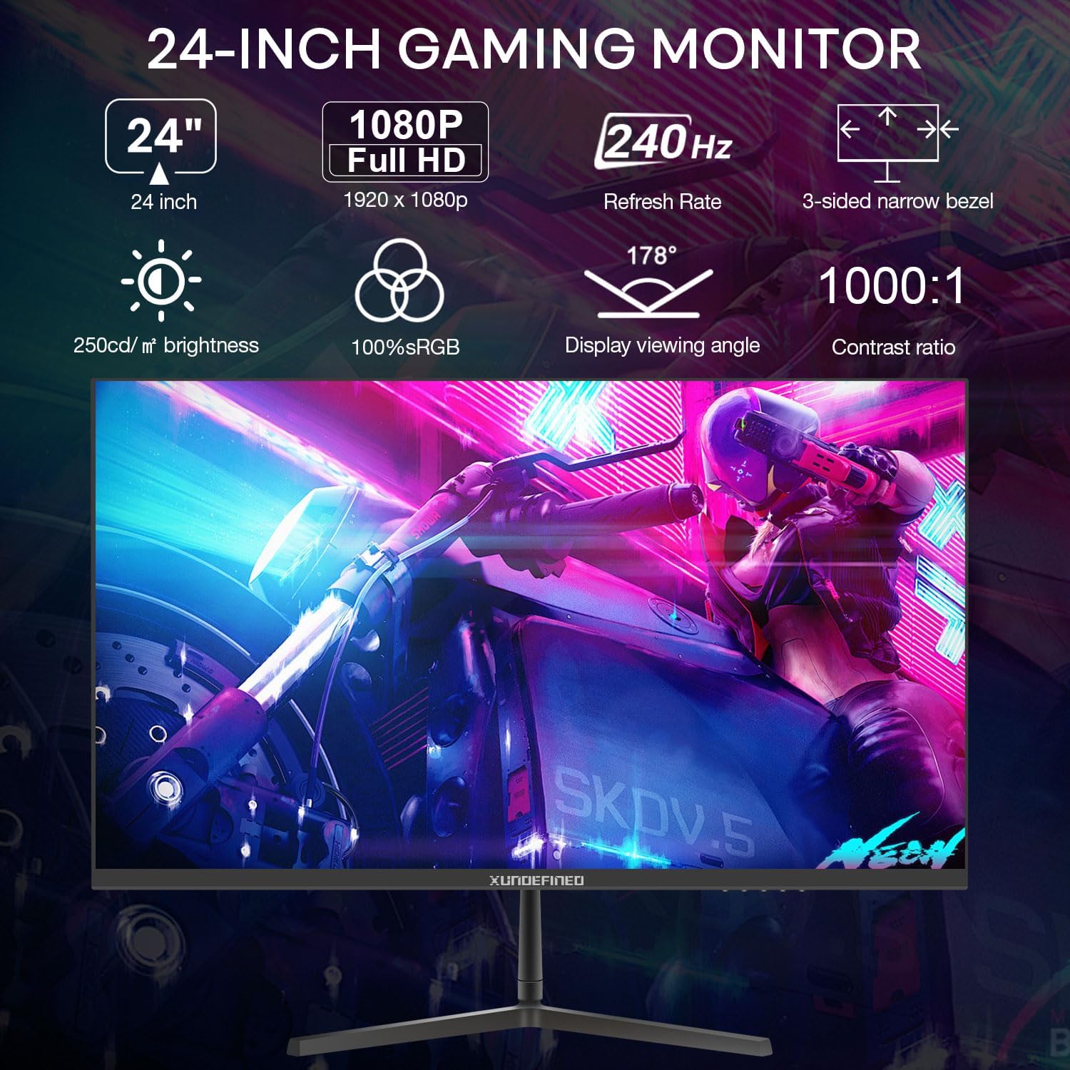 24 inch 240Hz Gaming Monitor with Speaker, 1080p Fast IPS Computer Monitor, FreeSync, 99% sRGB, HDR, Low Blue Light, 3-Sided Frameless, VESA, HDMI, Display Port for Gaming, Home Office Working