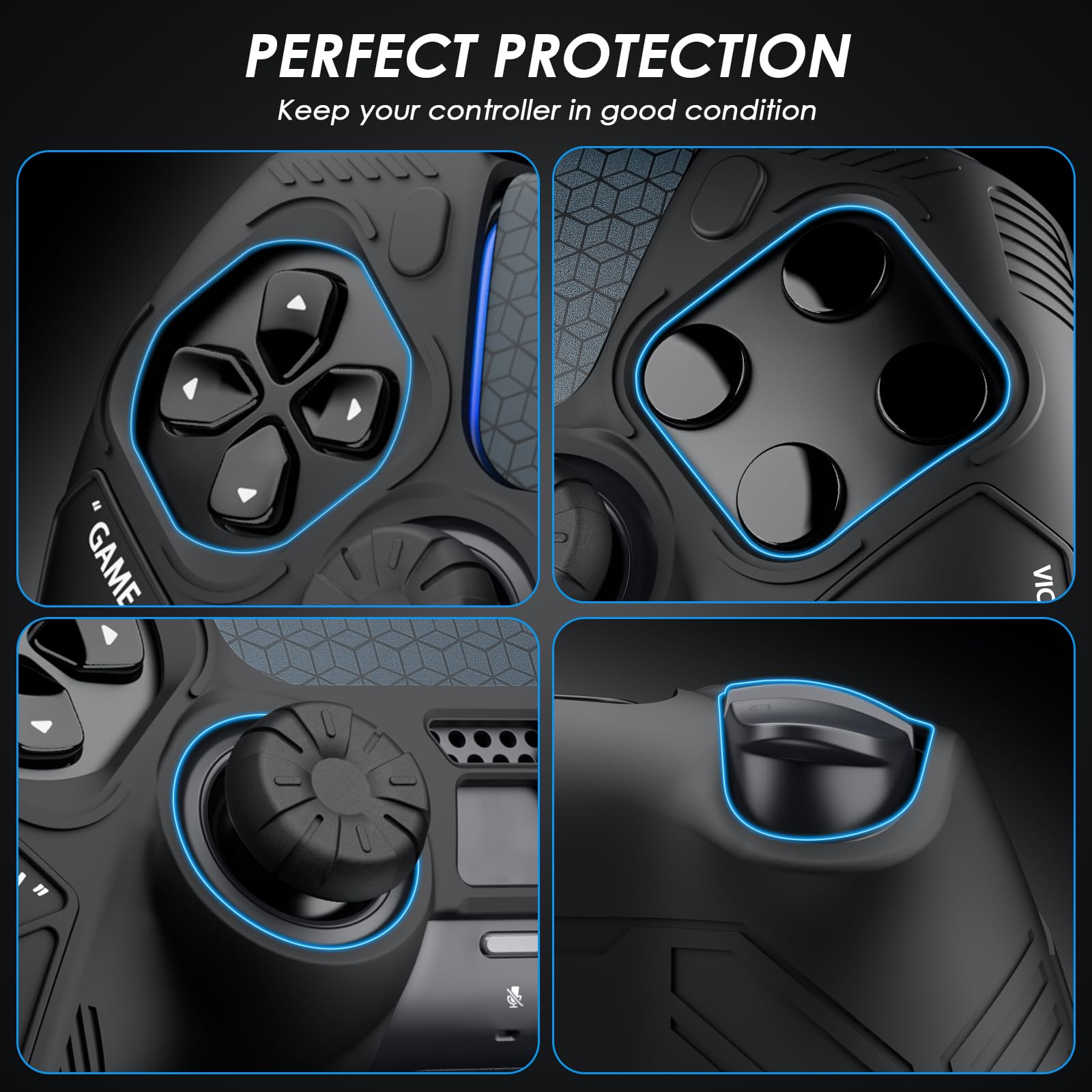 2 pcs Anti Slip Cover Skin for PS5 Controller,JORREP Housse antidérapante en Silicone pour Manette PS5 avec emplacements pour Les Pouces, Autocollants pour pavé Tactile,Noir