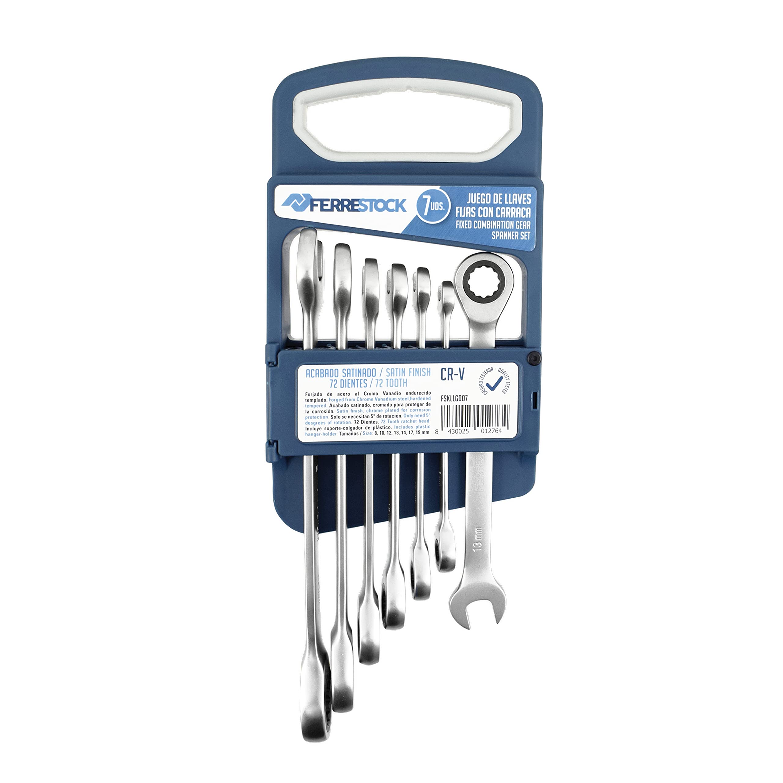Ferrestock FSKLLG007 set de 7 llaves fijas con carraca, fabricado en cromo vanadio de alta calidad, acabado satinado, carraca de 72 dientes, incluye soporte