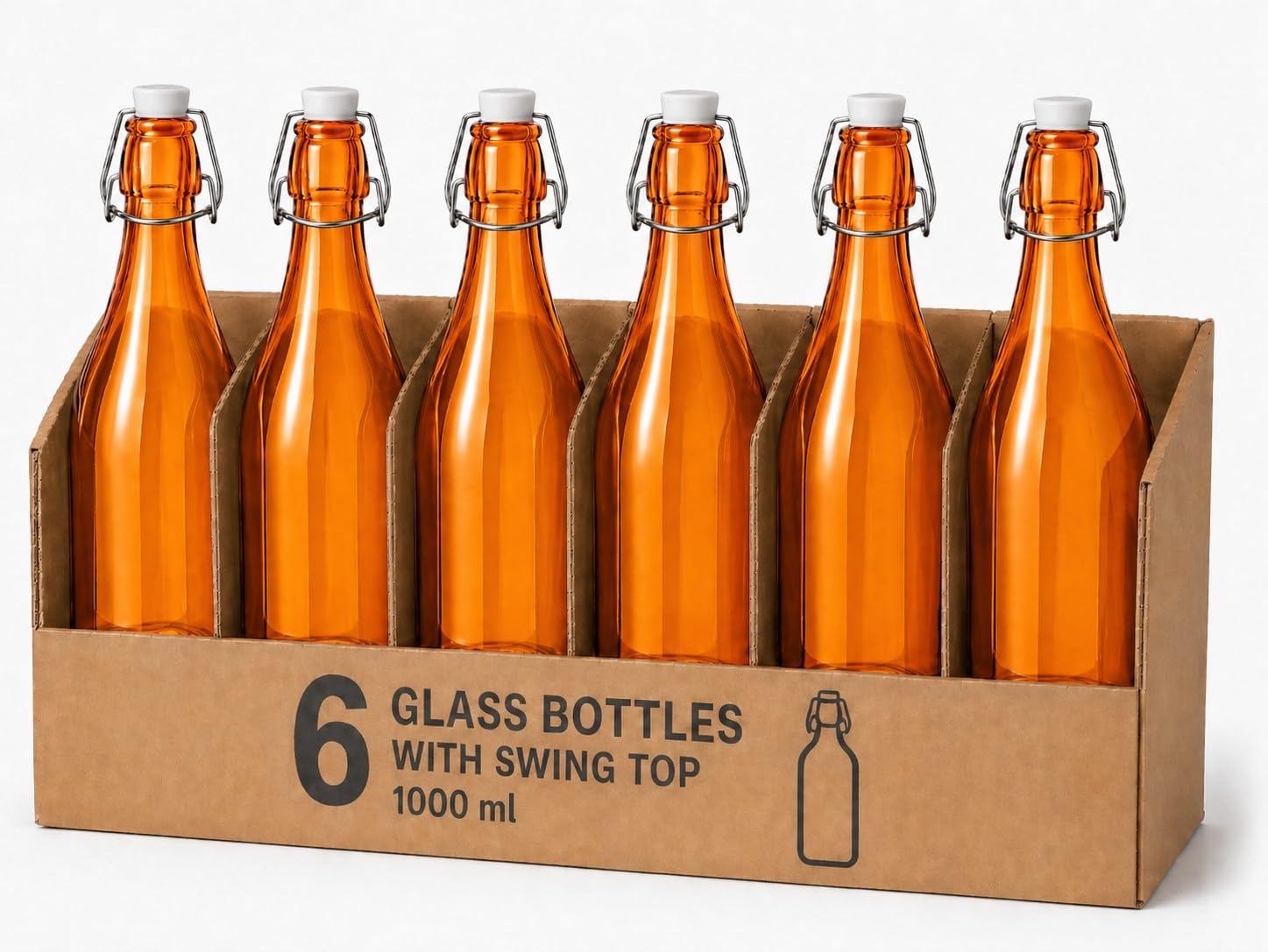 KWARE 1 Litre Traditional Vintage Style Glass Bottles with Swing Top Lids - Set of 6 Clear Bottles (Orange)