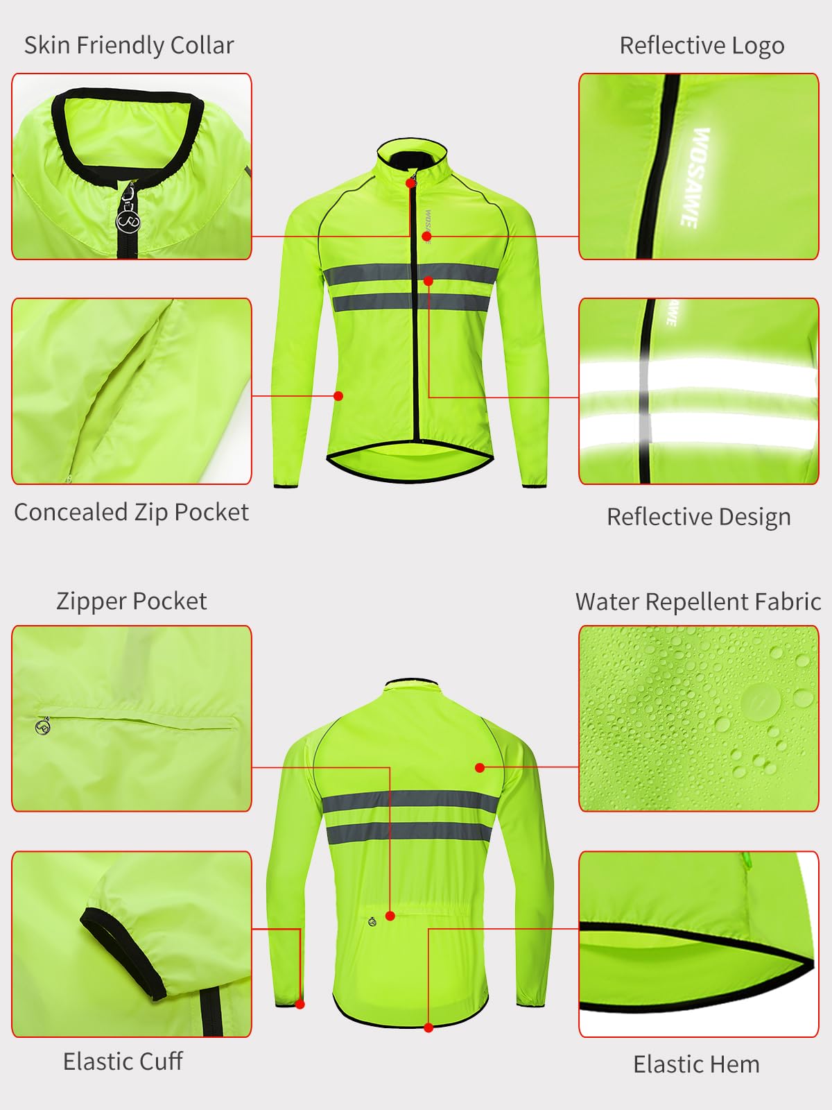 WOSAWE Chaqueta de ciclismo para hombre Chaqueta impermeable ultraligera con tapón de viento Chaqueta transpirable de manga larga(Verde XL)