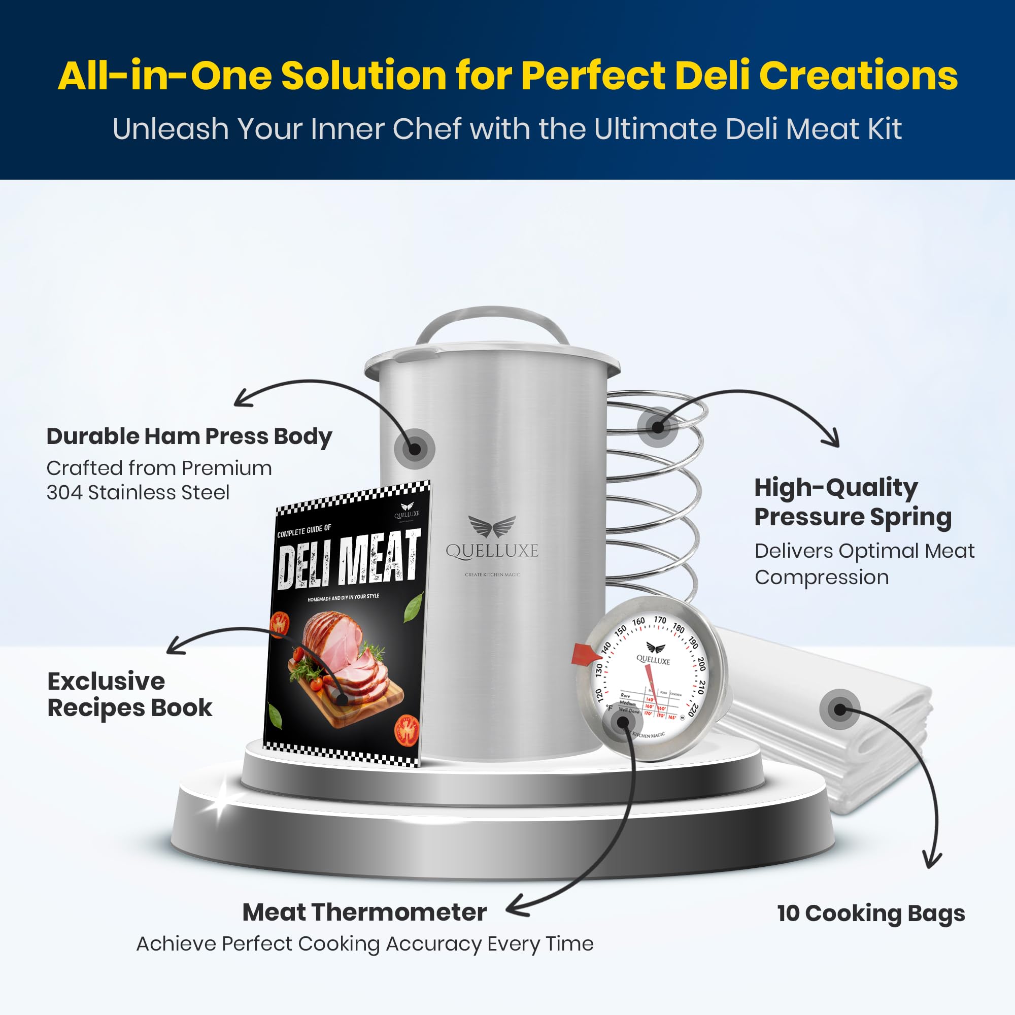 QUELLUXE Ham Maker - Deli Meat Press Mold for Deli Meats - Stainless Steel Homemade Lunch Sandwich Meat Maker with Upgraded Thermometer - Complete Deli Meat Guide Book with Recipes 10 Cooking Bags