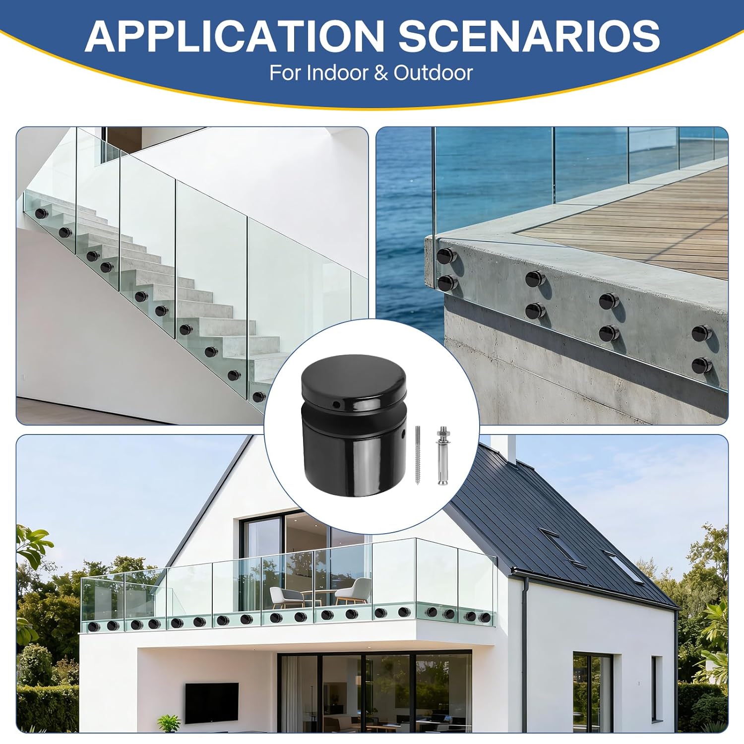 3TO Glass Railing Standoff - 12 Pack Marine-Grade SS316 with Exterior Power Coating Standoffs for Balcony Stair Railing Modern Design Clamp Comes with Mounting Wrench