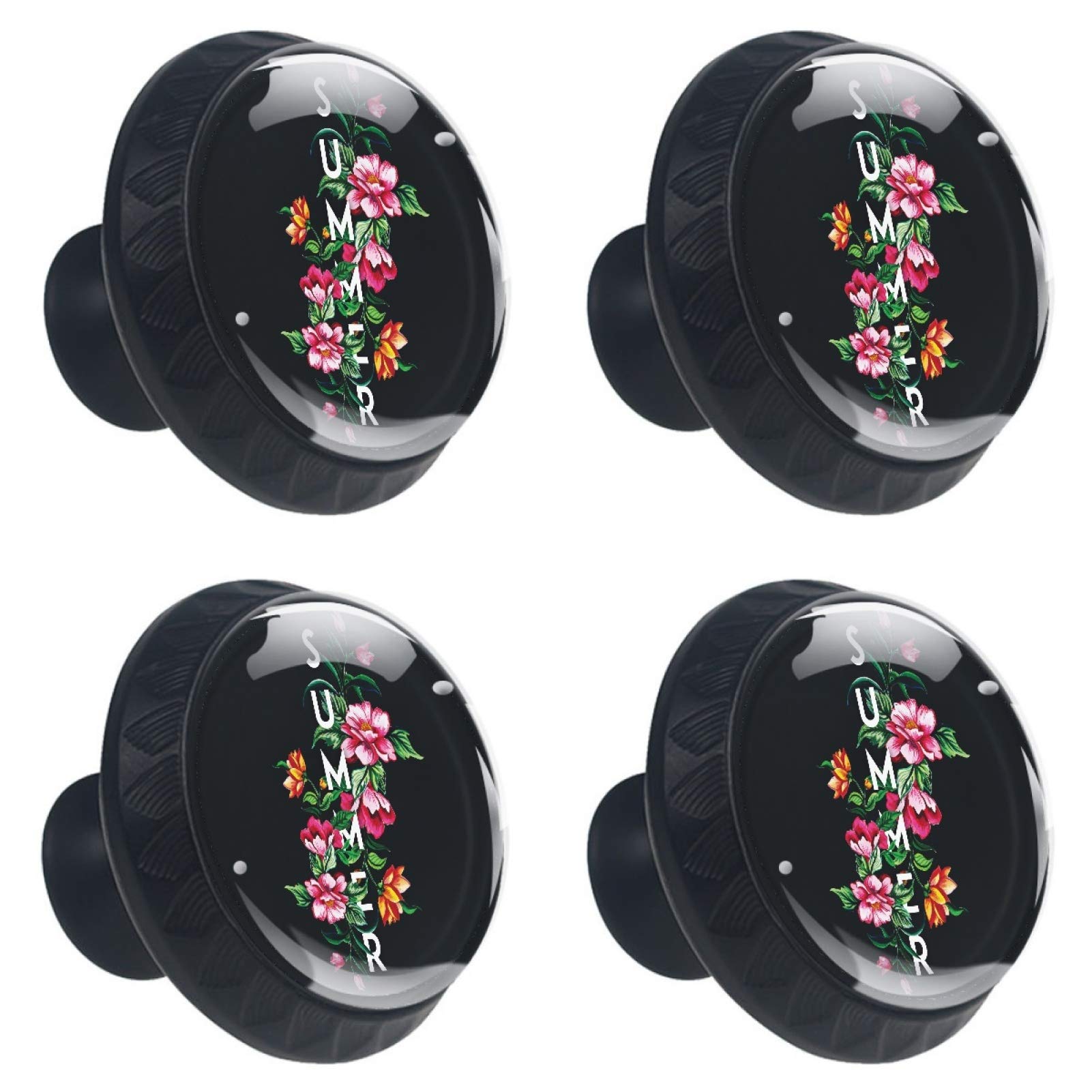 Boutons de meuble en verre noir motif floral chic lot de 4 tiroir commode 30mm