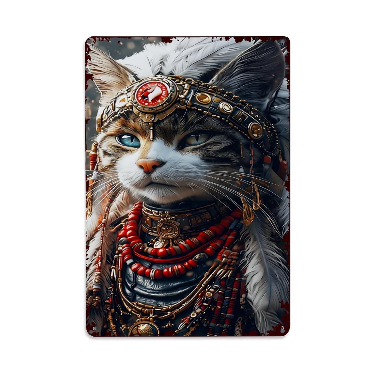 Jdfenggu Vintage Tribal Beaded Feathered Cat Portrait Retro Metal Tin Sign, Metal Poster For Bar, Home, Man Cave, Kitchen, Laundry Room Art Decor 8X12 Inch