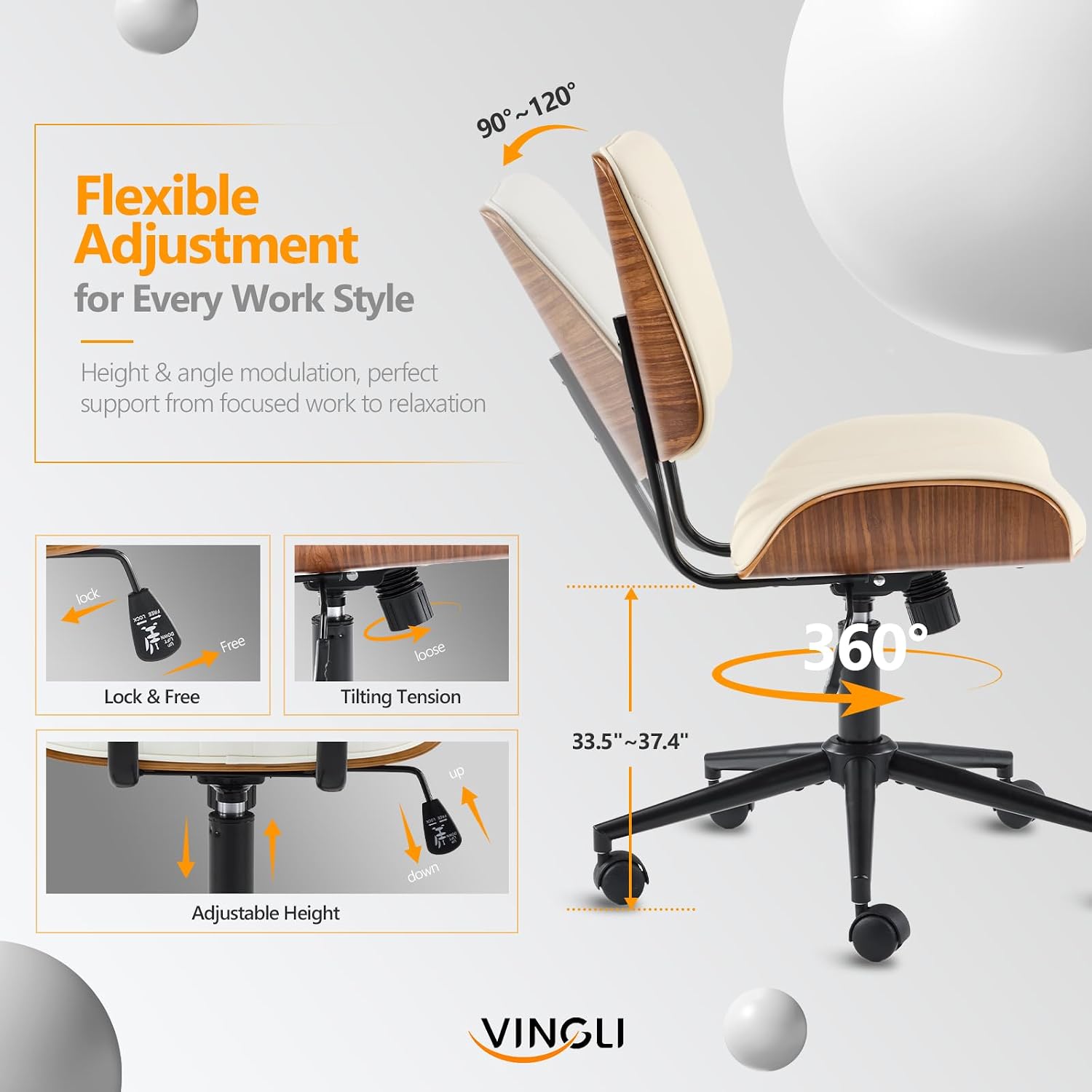 Close-up of the VINGLI office chair's adjustment levers for height, tilt lock, and tilting tension.