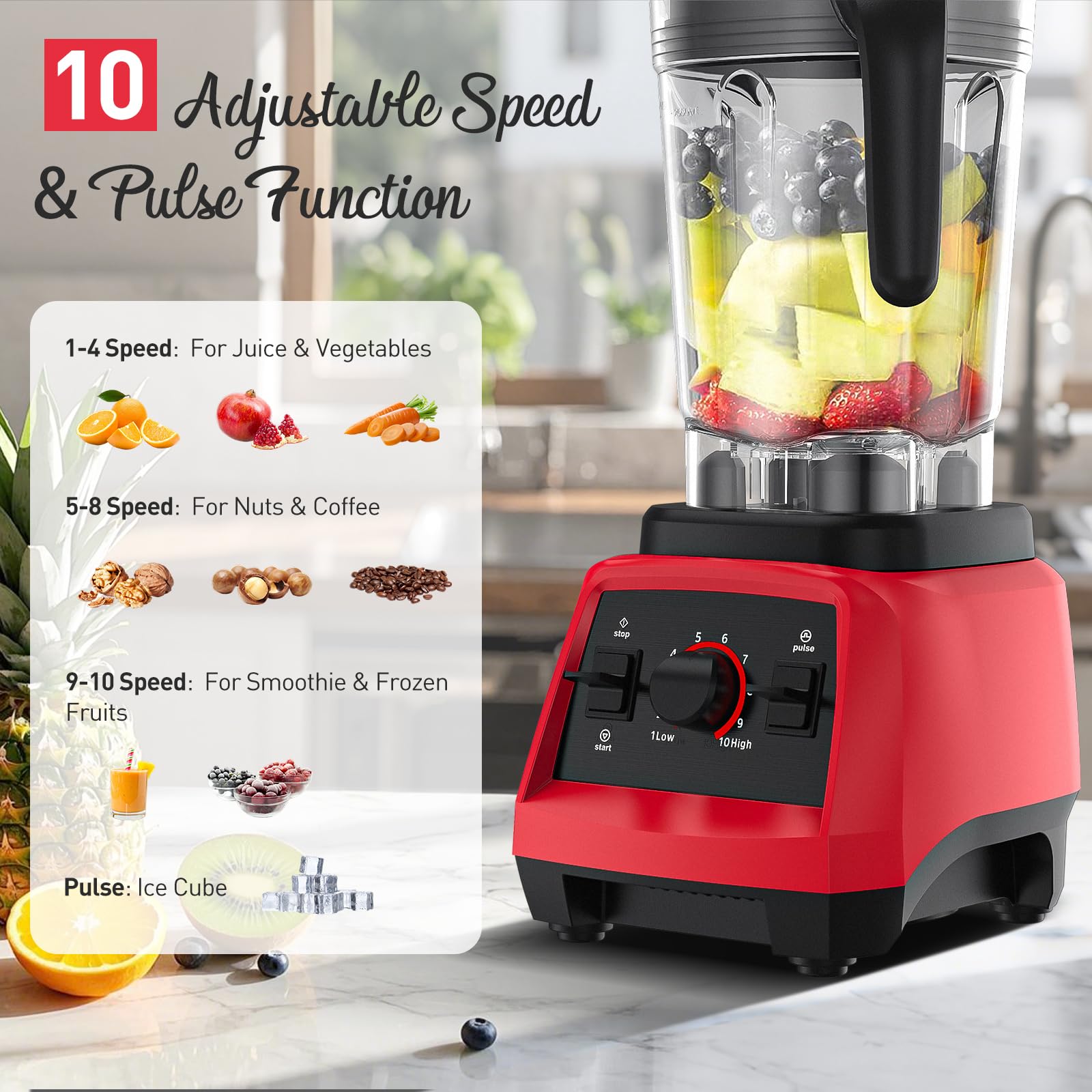 JUSANTE Smoothie Blender, 1800W Professional Blender Juicer for Kitchen Countertop with 10 Speeds, 68oz BPA Free Jar Ice Crusher or Juice, Milkshake, Dessert (Red)