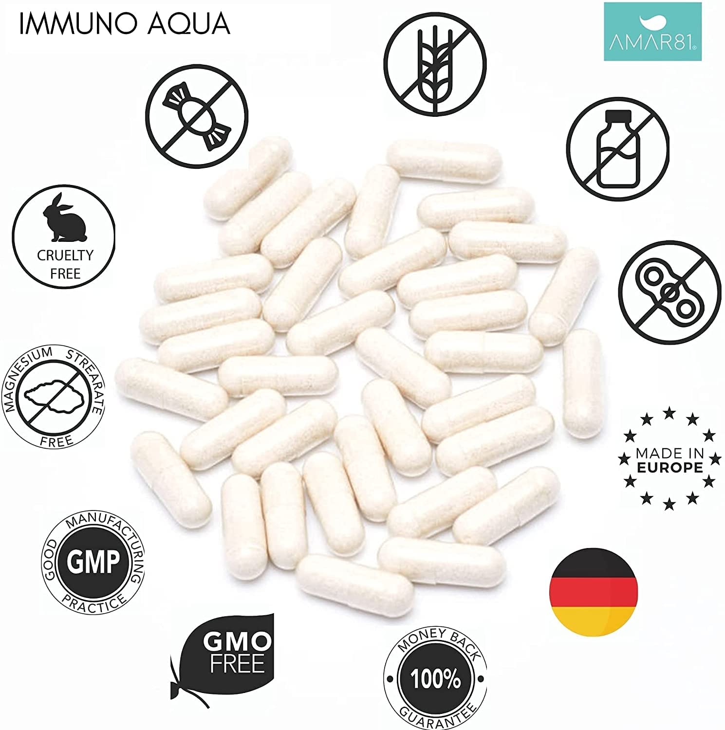 Suplemento alimenticio natural completo para el Sistema Inmunitario y Cansancio | IMMUNO AQUA | 90 cápsulas