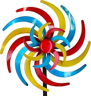 Colorful Kinetic Wind Spinner for Outdoor 13" W Metal Windmill Wind Sculptures with 5 Prong Stake, Easy to Rotate Metal Yard Art for Garden Patio Lawn Backyard Decor