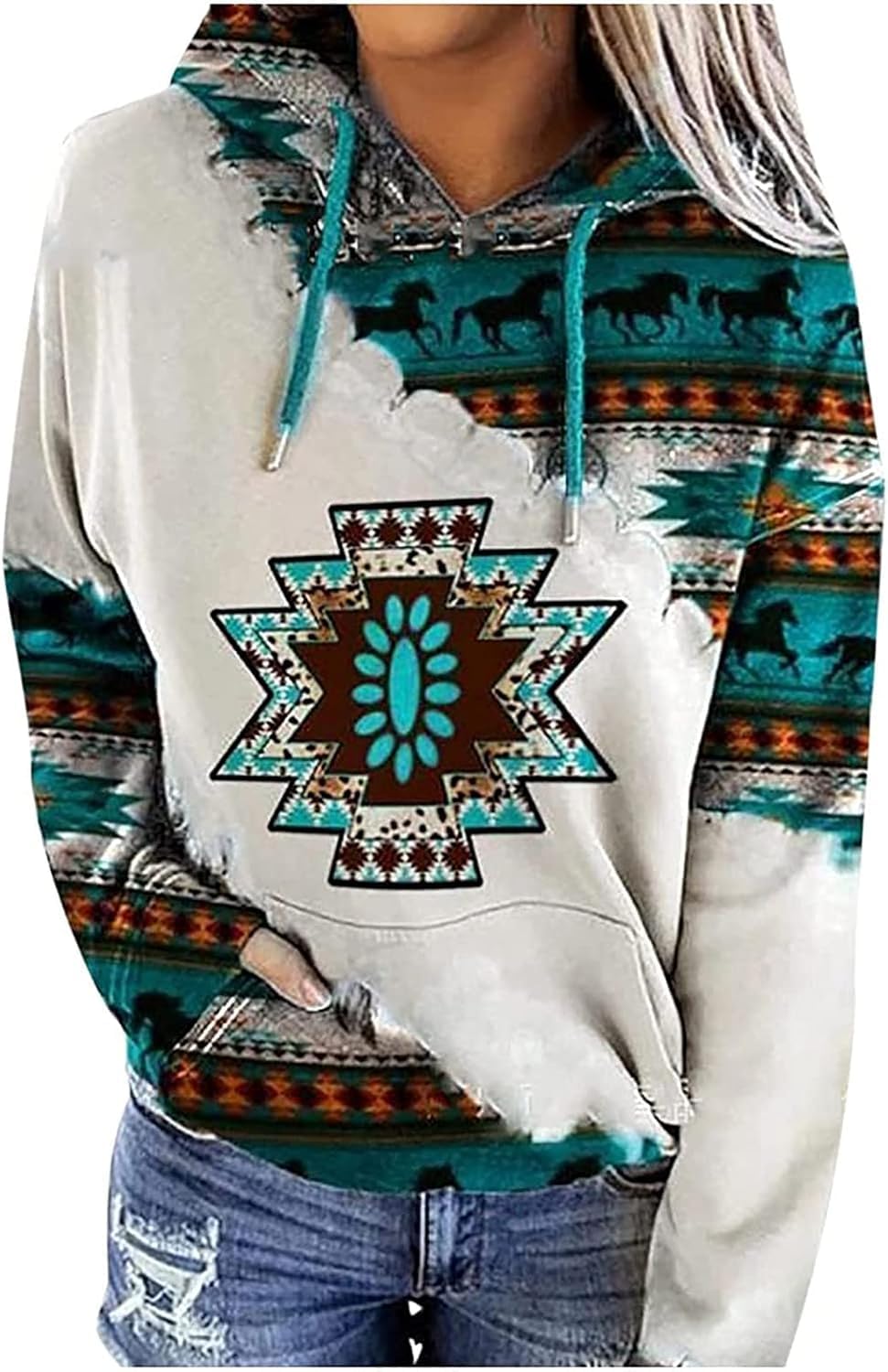 MARLLCO Women's Western Sweatshirt Aztec Hoodie Geometric Ethnic Style Pullover Western Wear Cowgirl Sweatshirts for Women