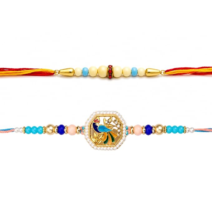 Pearl Peacock & Elegant White Beads Rakhi Combo Set of 2