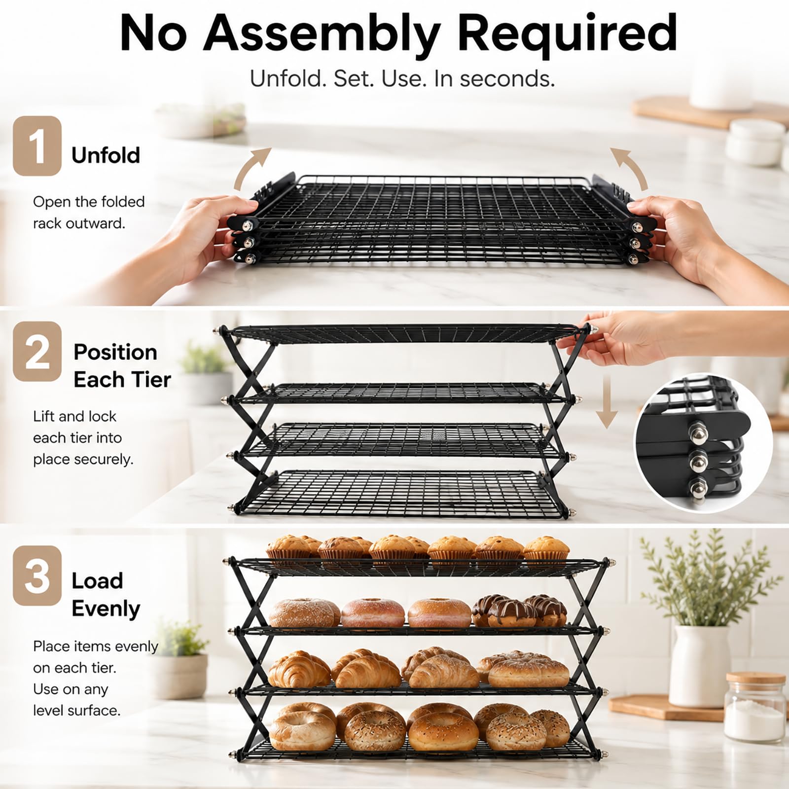 Grille de refroidissement pliable à 4 niveaux – 40,6 x 25,4 cm, réglable, empilable, antiadhésif, pour la cuisson, le rôti, les cookies, les gâteaux, le séchage, le pique-nique et le barbecue, chaque