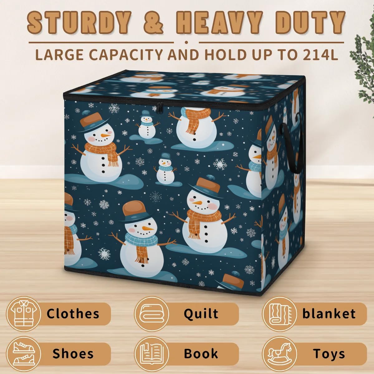 Honeybaby 214L Extra Large Comforter Storage Bag Winter Snowman Snowflake Storage Totes with Lids Waterproof Closet Organizer Folding Blanket Storage Bags for Clothes Bedding Pillows