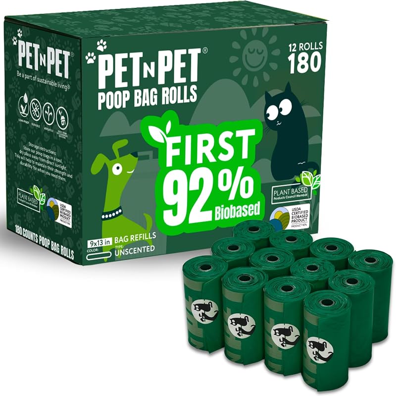 Dog Poop Bags Rolls, 180 Count, Unscented Leak Proof Thick Waste | 92%, Plant Based, Doggie Poo, Cat, Tear-Resistant, Easy-Tear Design, Reliable, Everyday Convenience, Durable, dog waste bags