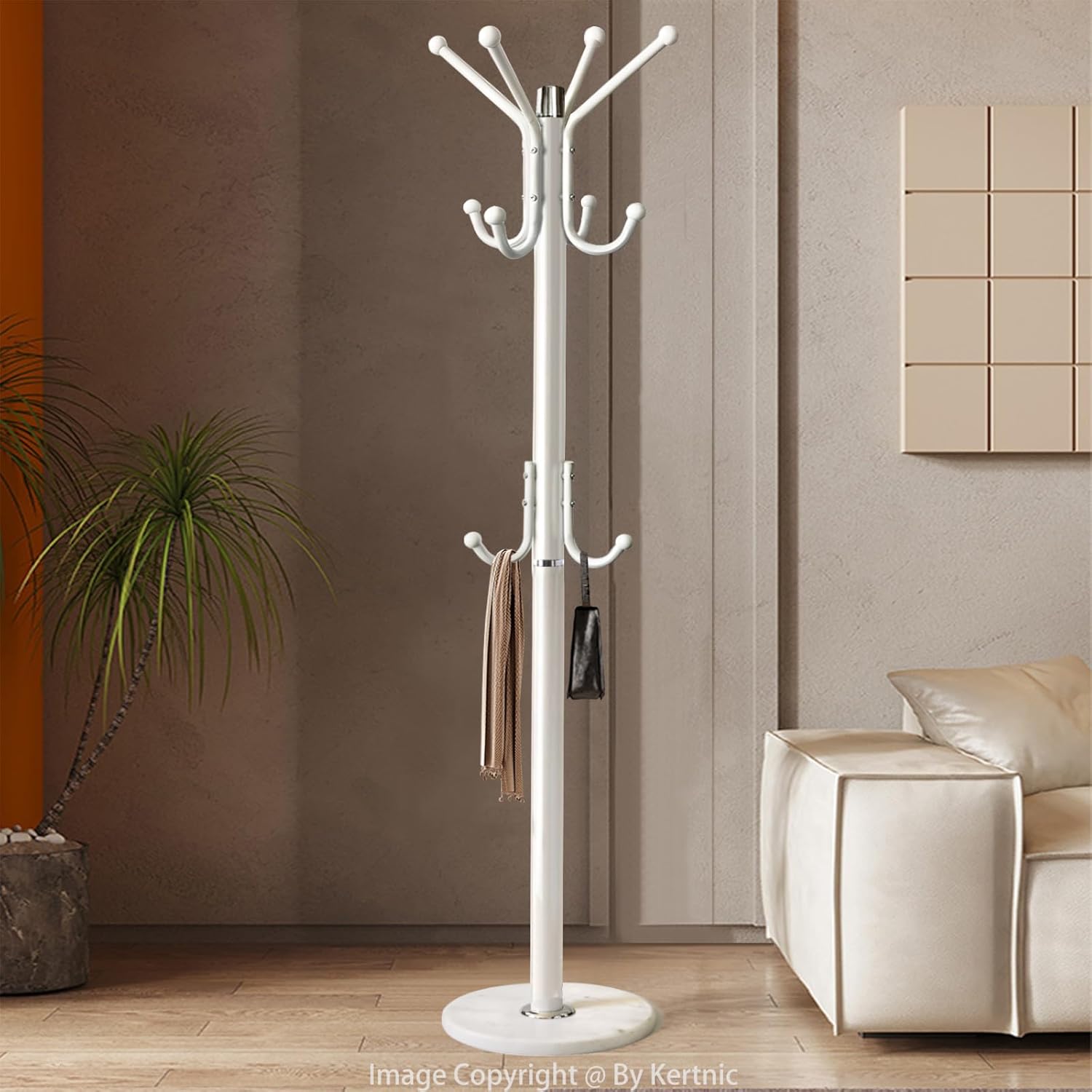 Kertnic Modern Coat Rack Freestanding with Natural Marble Base & Sturdy Metal Frame, 11 Hooks Hall Tree for Jackets, Hats, Bags, Entryway Organizer for Bedroom, Living Room, Closet (11 hooks-White)