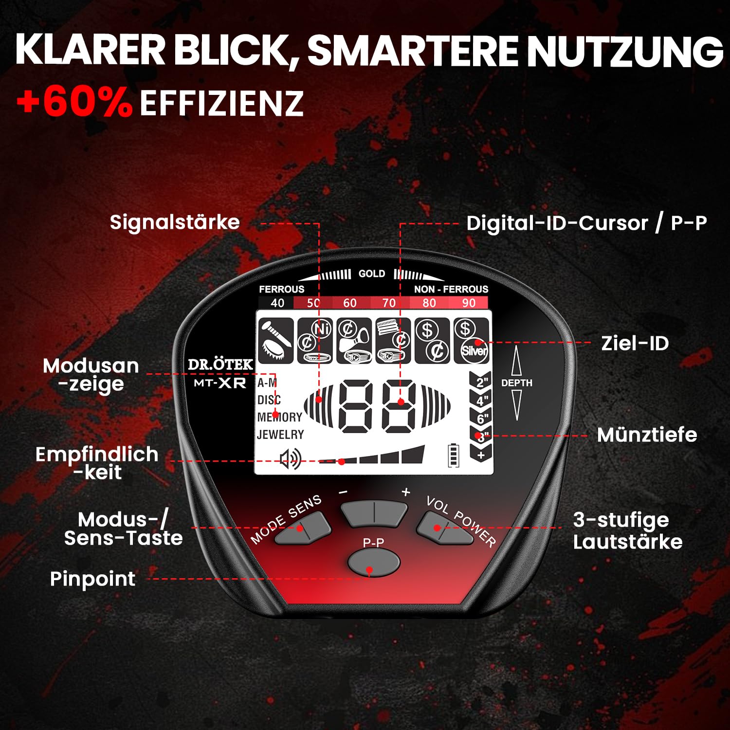 DR.ÖTEK Metalldetektor Profi Set, Leicht Gold Detektor für Kinder und Erwachsene mit Pinpoint Modus, Speichermodus, Wasserdicht Spule, 5 Modi, Hochpräzisions, Metal Detector Kit mit Digger Schaufel