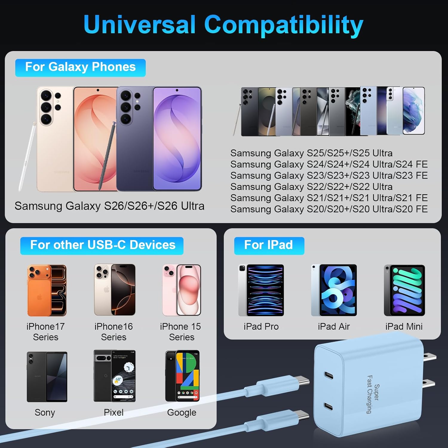 iPhone 17 16 15 Charger Fast Charging, 45W Dual USB C Phone Charger Block with 10FT Long Type C Cable Cord for Apple iPhone 17/Pro/Pro Max/17 Air/16 Pro/16 Pro Max/15 Plus/15 Pro/iPad/S26 Ultra(Blue)