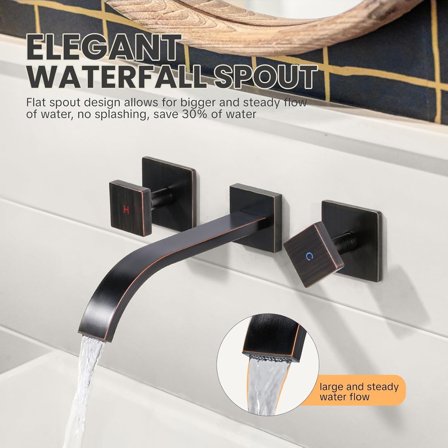 Wall Mount Bathroom Faucet 3 Hole, ALEASHA Waterfall Bathroom Faucet with Two Handles, Solid Brass Bathroom Sink Faucet with Rough-in Valve, Vessel Sink Faucet for Vanity, Oil Rubbed Bronze