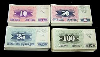 100 x Bosnia & Herzegovina banknotes-25 x 10/25/50/100 Dinara / P10-13/1992