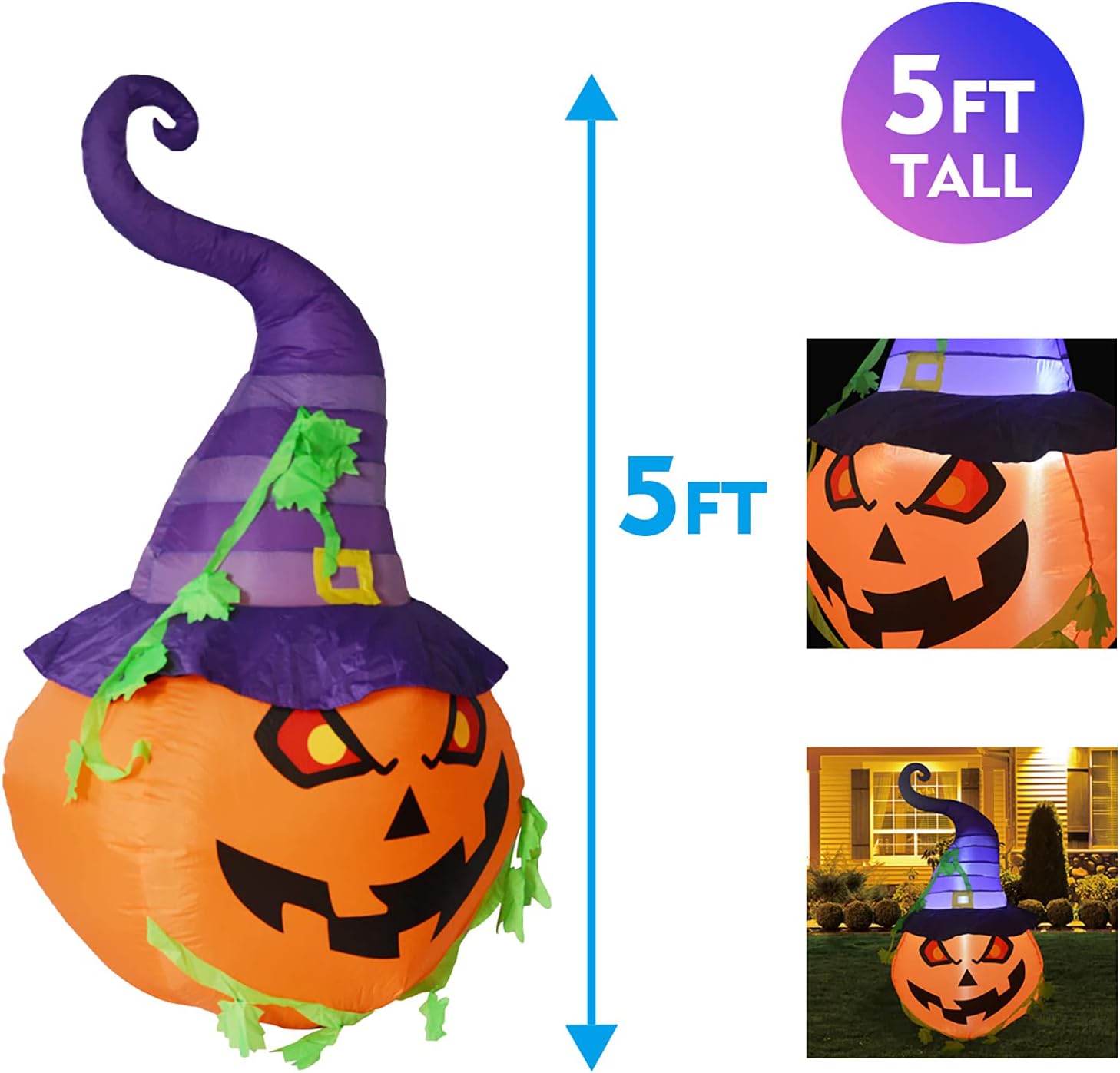 GOOSH 5 FT Halloween Inflatable Pumpkin with Wizard Hat with Build-in LED Lights Decoration Lighted for Home Yard Garden Indoor and Outdoor
