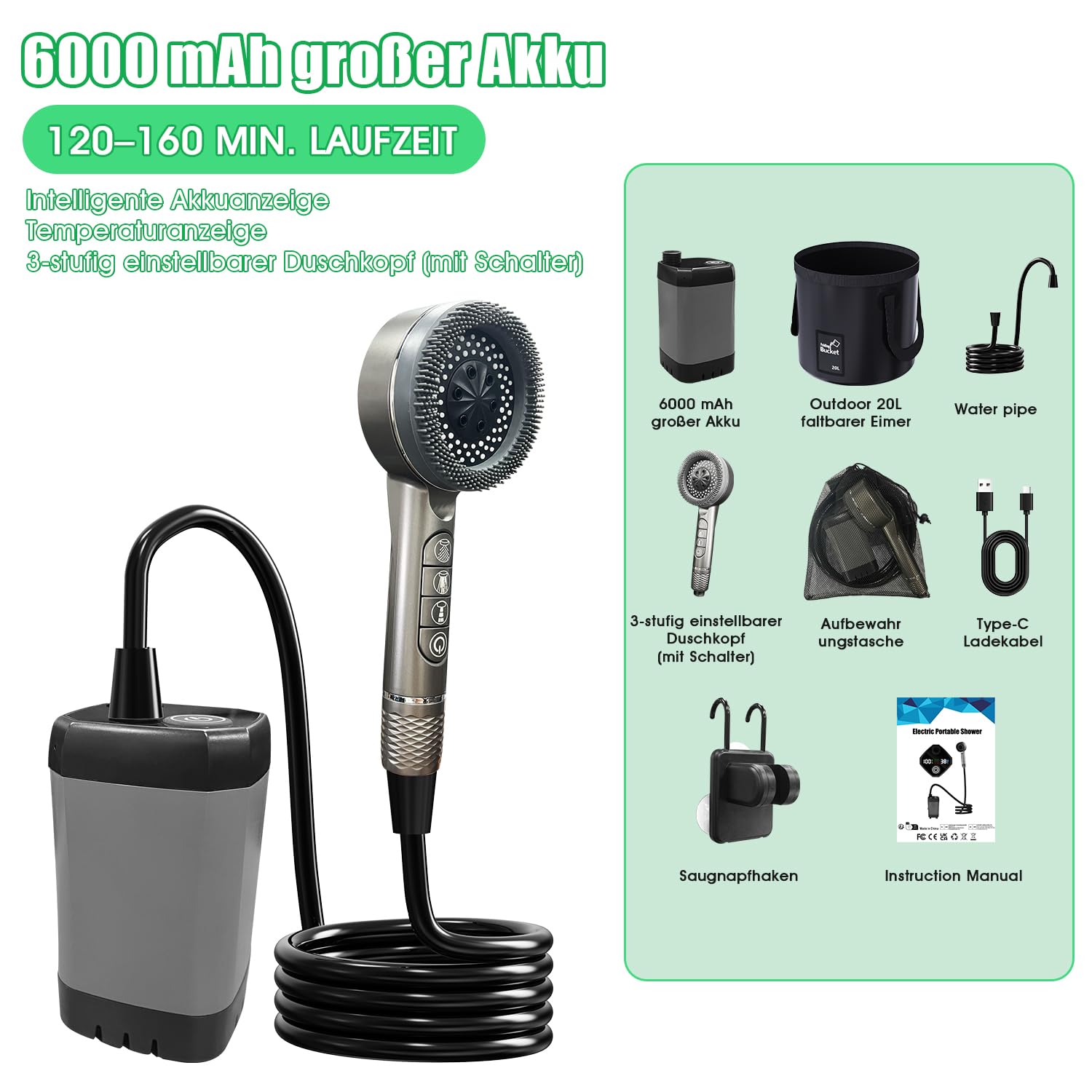 Zelvia Tragbare Campingdusche mit Pumpe und 20L Falteimer Camping Dusche Outdoor mit wiederaufladbarem 6000 mAh für Camping Reisen Garten Haustiere Autowaschen
