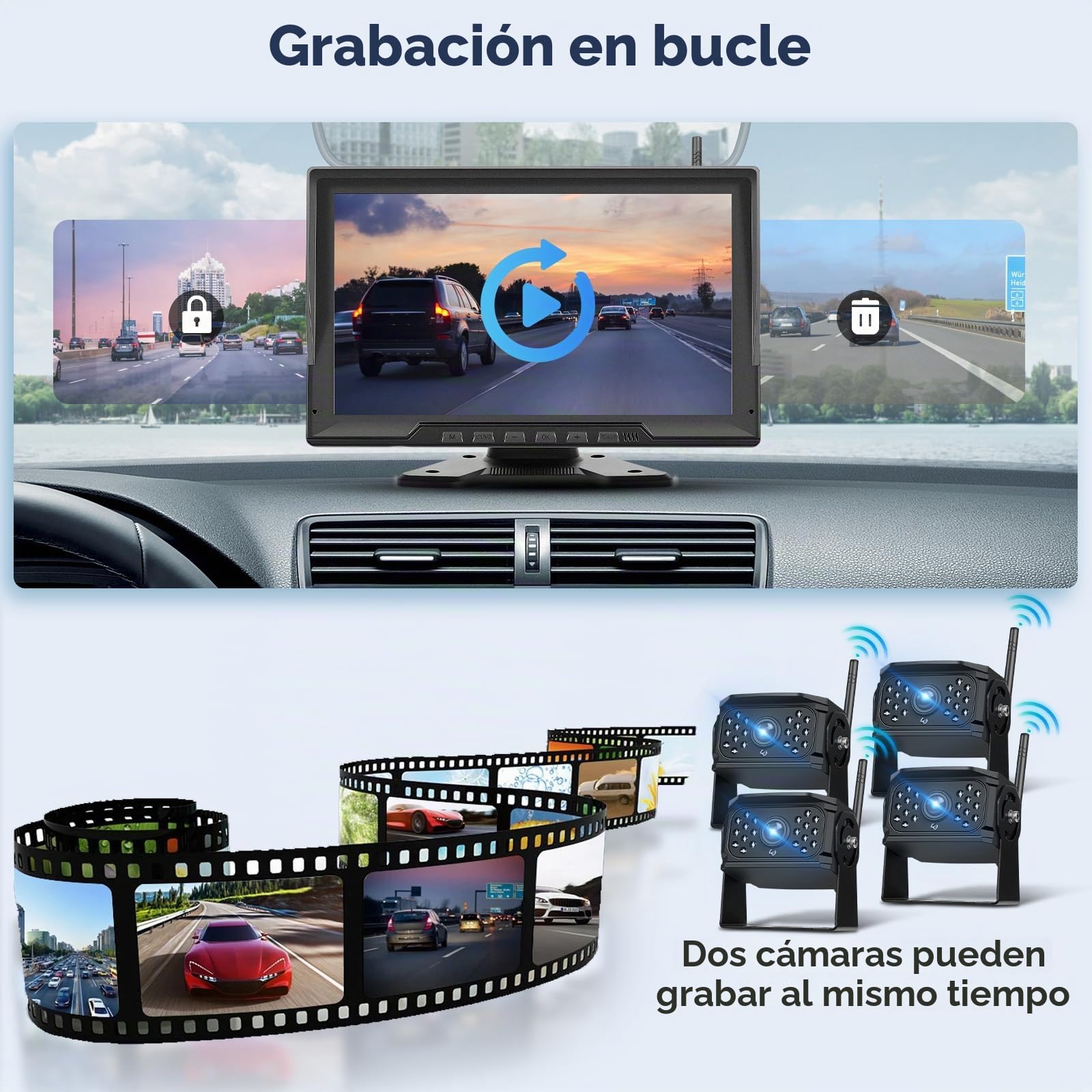 Podofo Cámara Trasera inalámbrica Digital 4 con Monitor de 10.1", HD 720P, IP68, visión Nocturna Impermeable, Sistema de 4 cámaras de Respaldo divididas para camión, Remolque y Caravana